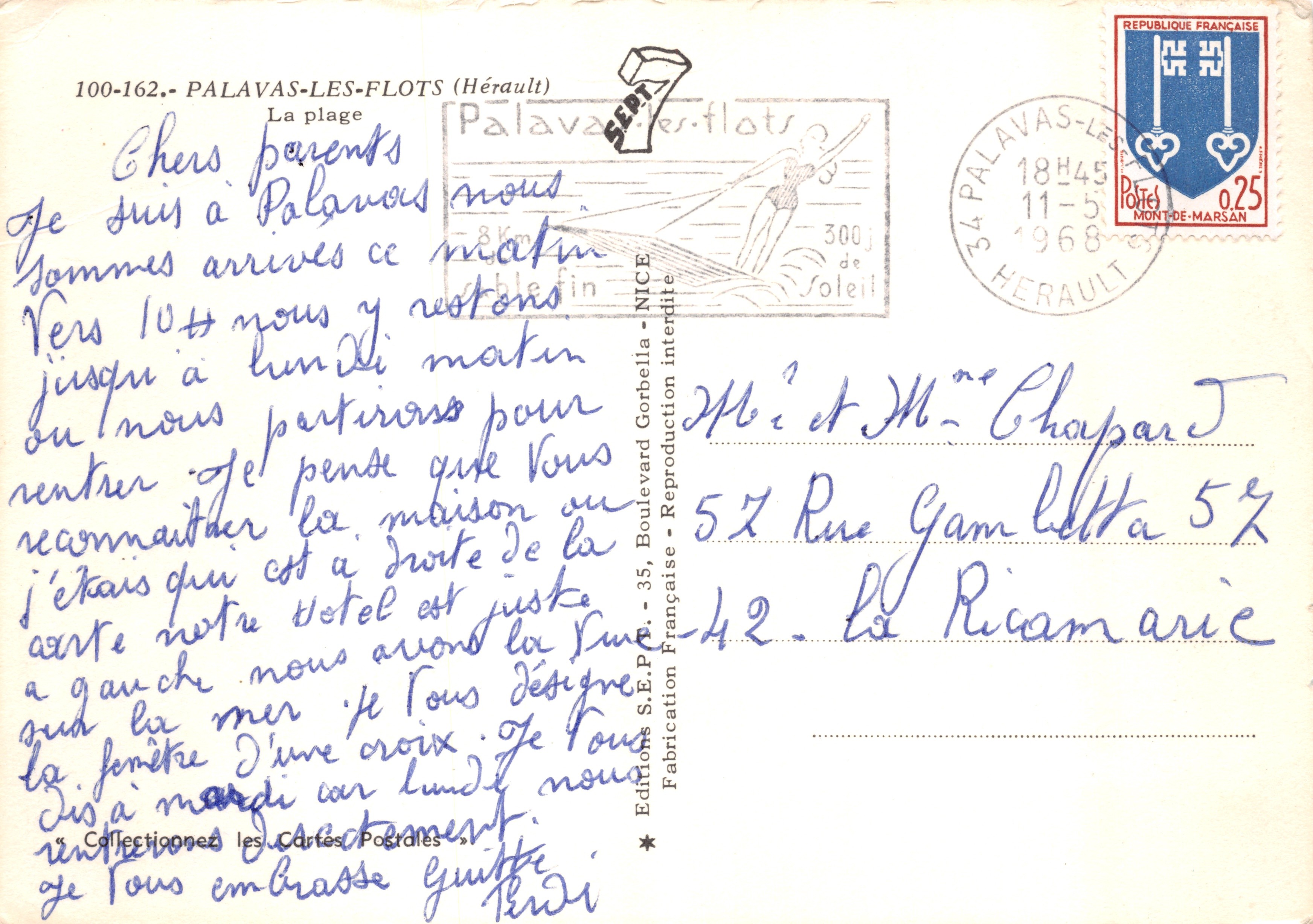 Palavas-les-Flots — Strand en waterbrug — Editions S.E.P.T. nr. 100-162 — Achterkant