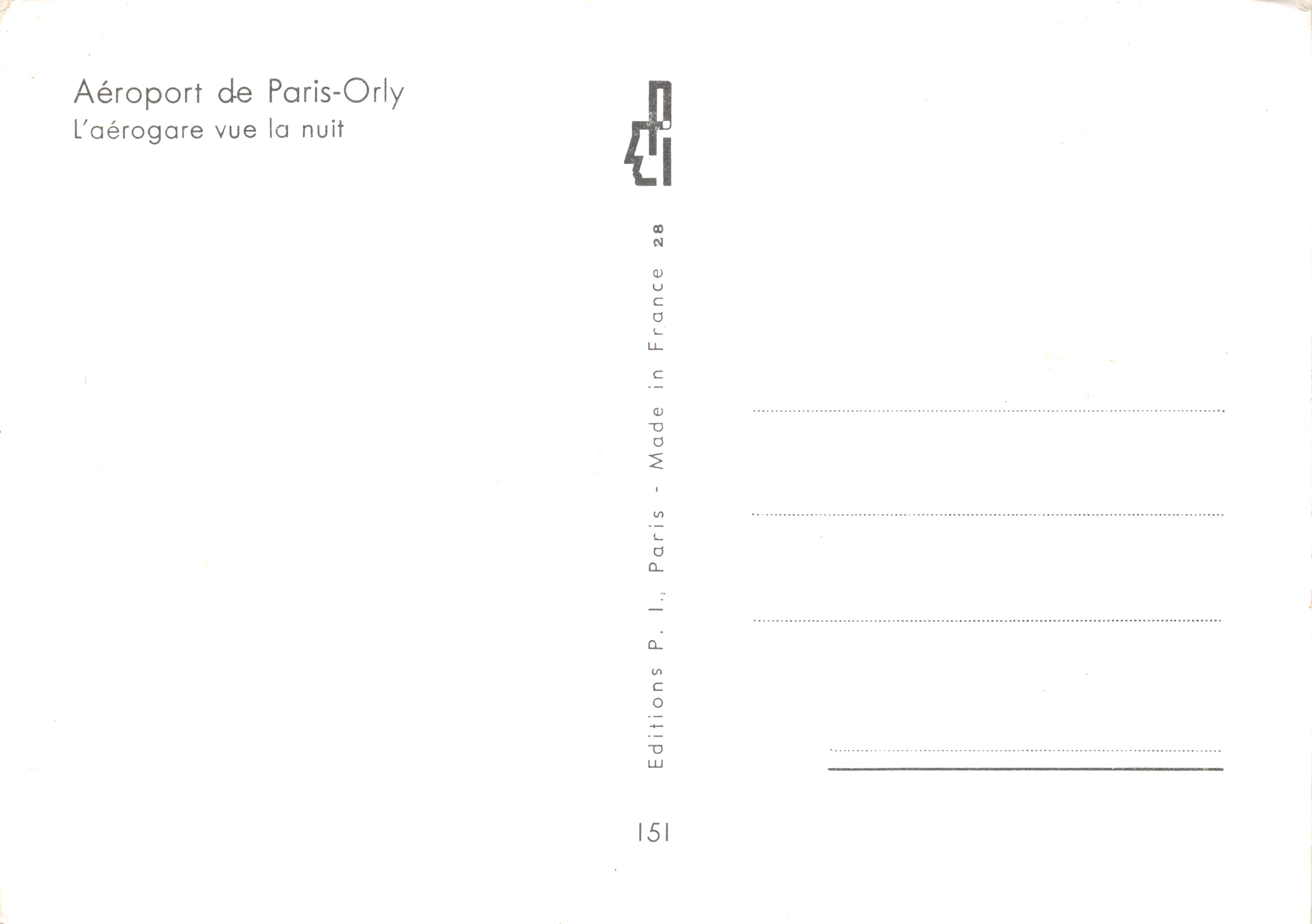 Paris-Orly Airport — Night View of the Terminal — Editions P. I. Paris — Back