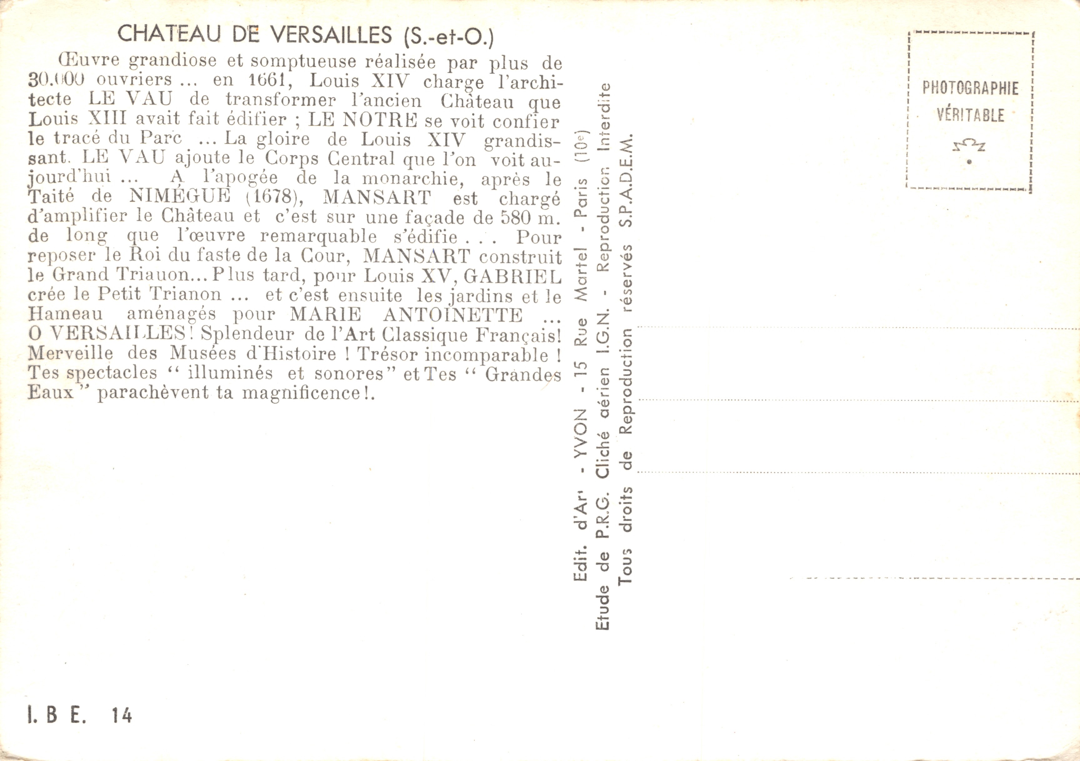 Château de Versailles — Étude sur le château et ses jardins — Éditeur P.R.G. (Paris) n° 14 — Verso