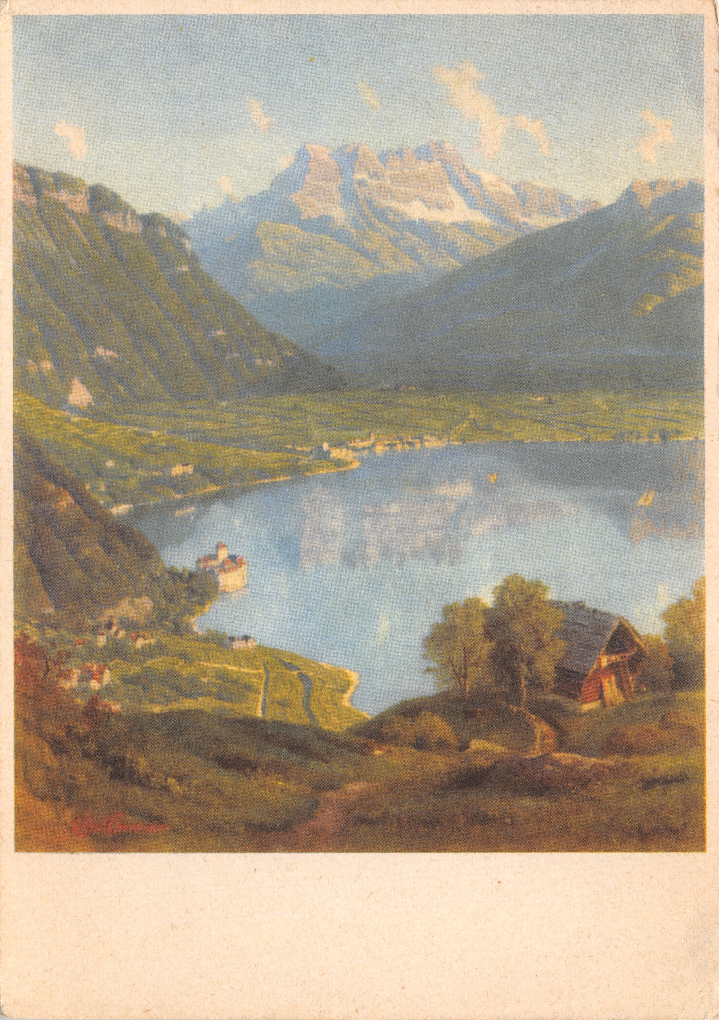 Lac Léman — Ansicht des Schlosses Chillon und der Alpen — Verlag E. Löffler-Benz AG Rorschach
