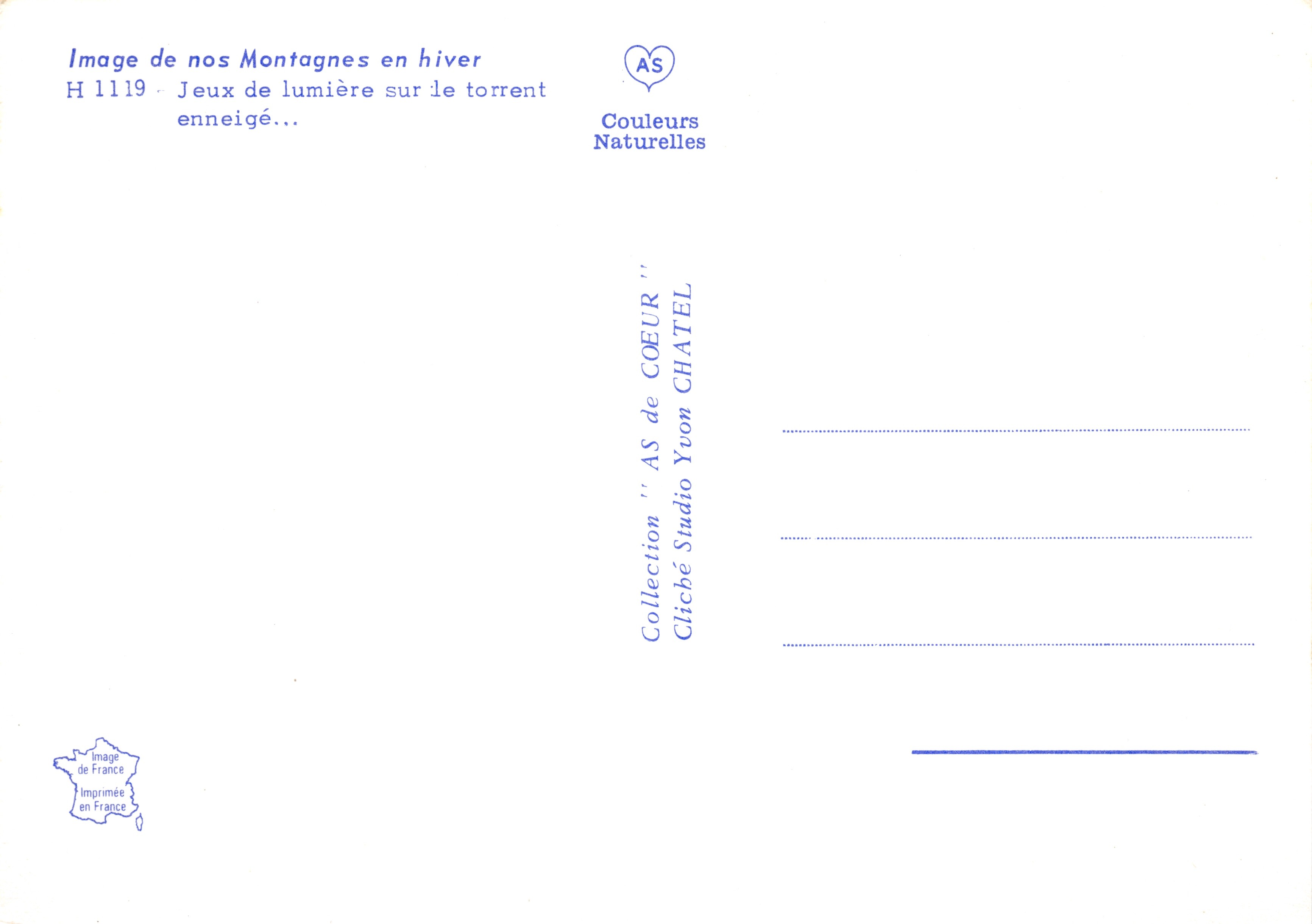 Montañas en invierno — juegos de luz sobre el torrente nevado — Colección 'AS' Studio Chateau, n° H 1119 — Reverso