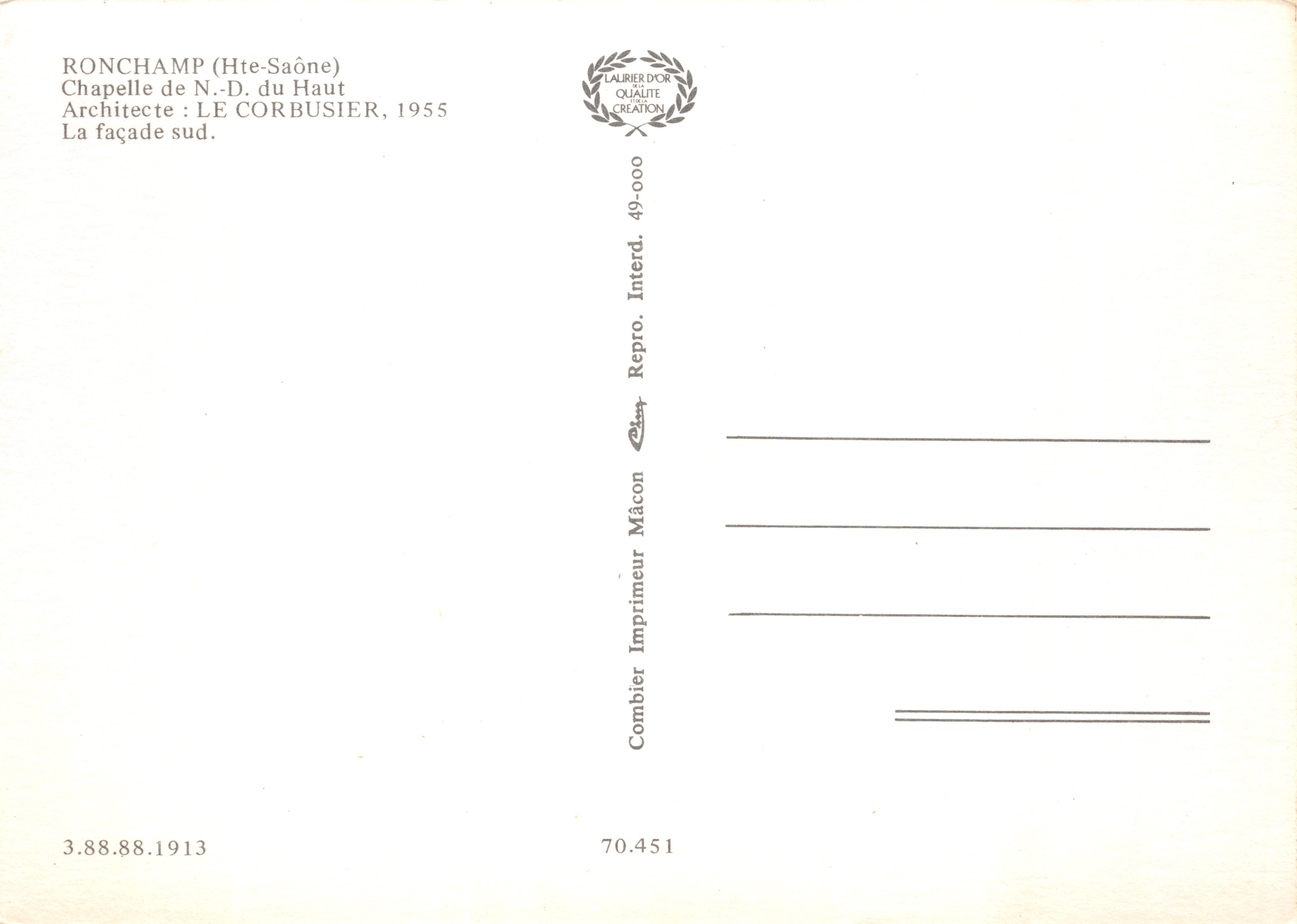 Ronchamp (Haute-Saône) — Cappella Alta, facciata sud — Editore Combier, n° 70.451 — Verso