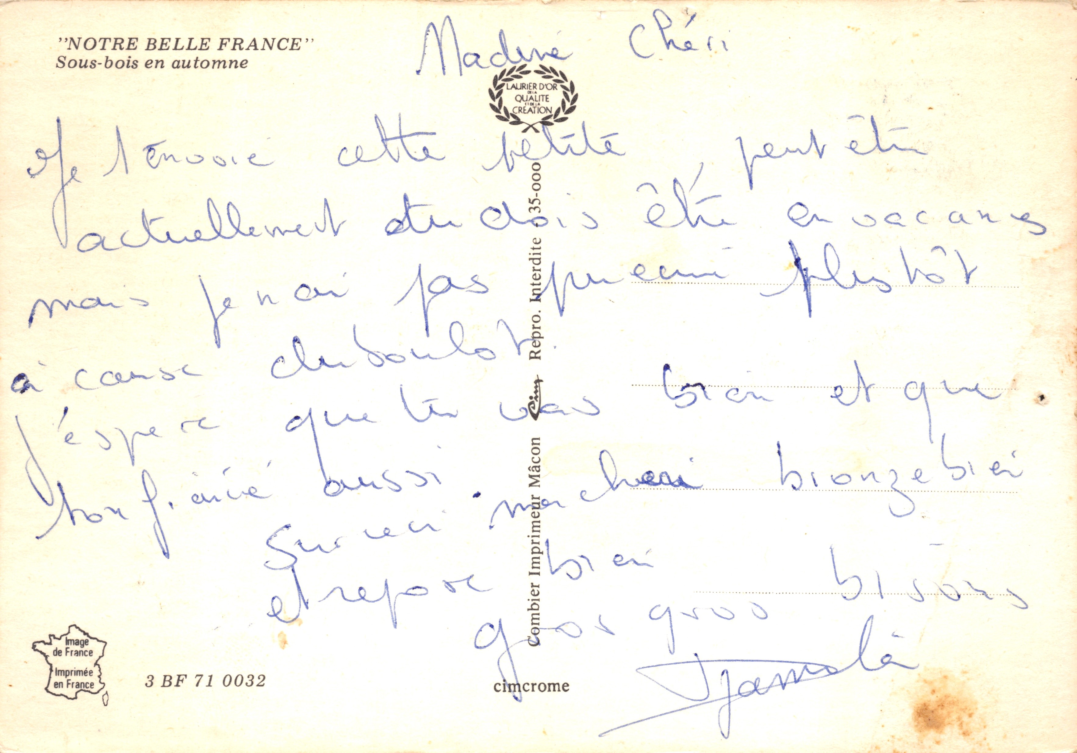 Sous-bois en automne — scène forestière avec route — éditeur 'Laurier d'Or Qualité de la Création' et n° 35-000 — Verso