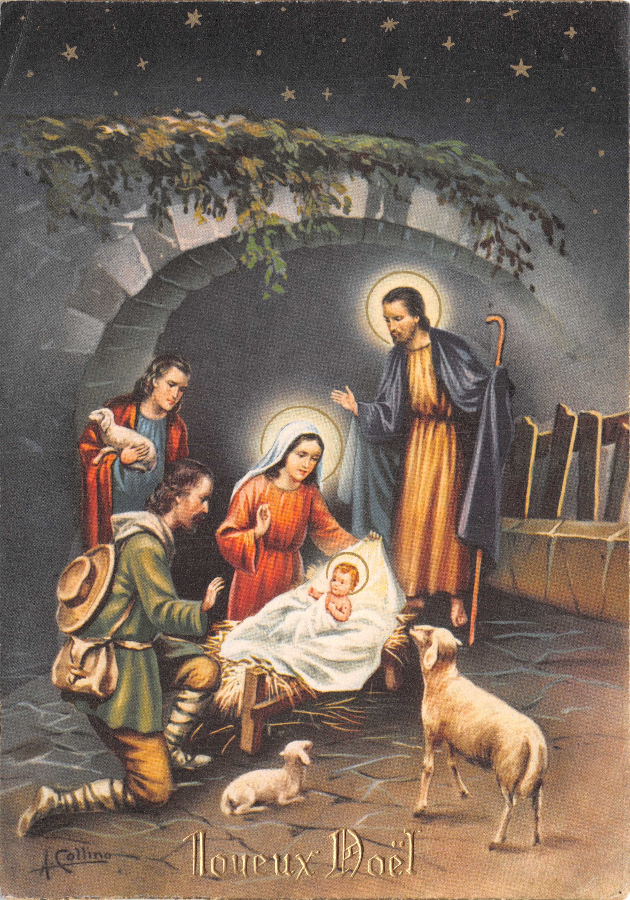 Nativity — scene of the manger with Mary, Joseph, three Wise Men and animals — publisher A. Collino