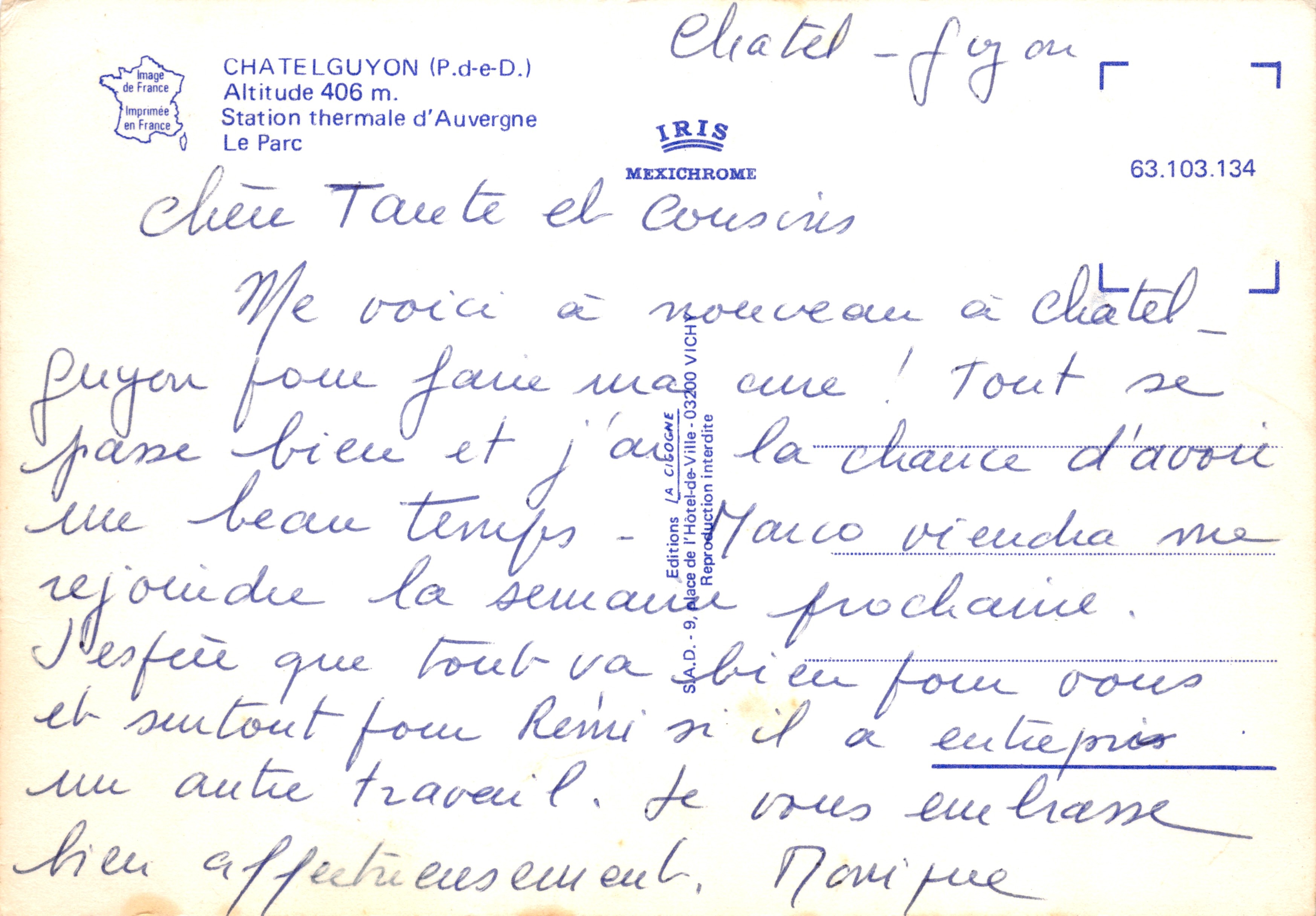 Châtelguyon (P.d.e-D.) — Stazione termale d'Auvergne, Il Parco — Éditions IRIS MEXICHROME n°63.103.134 — Verso