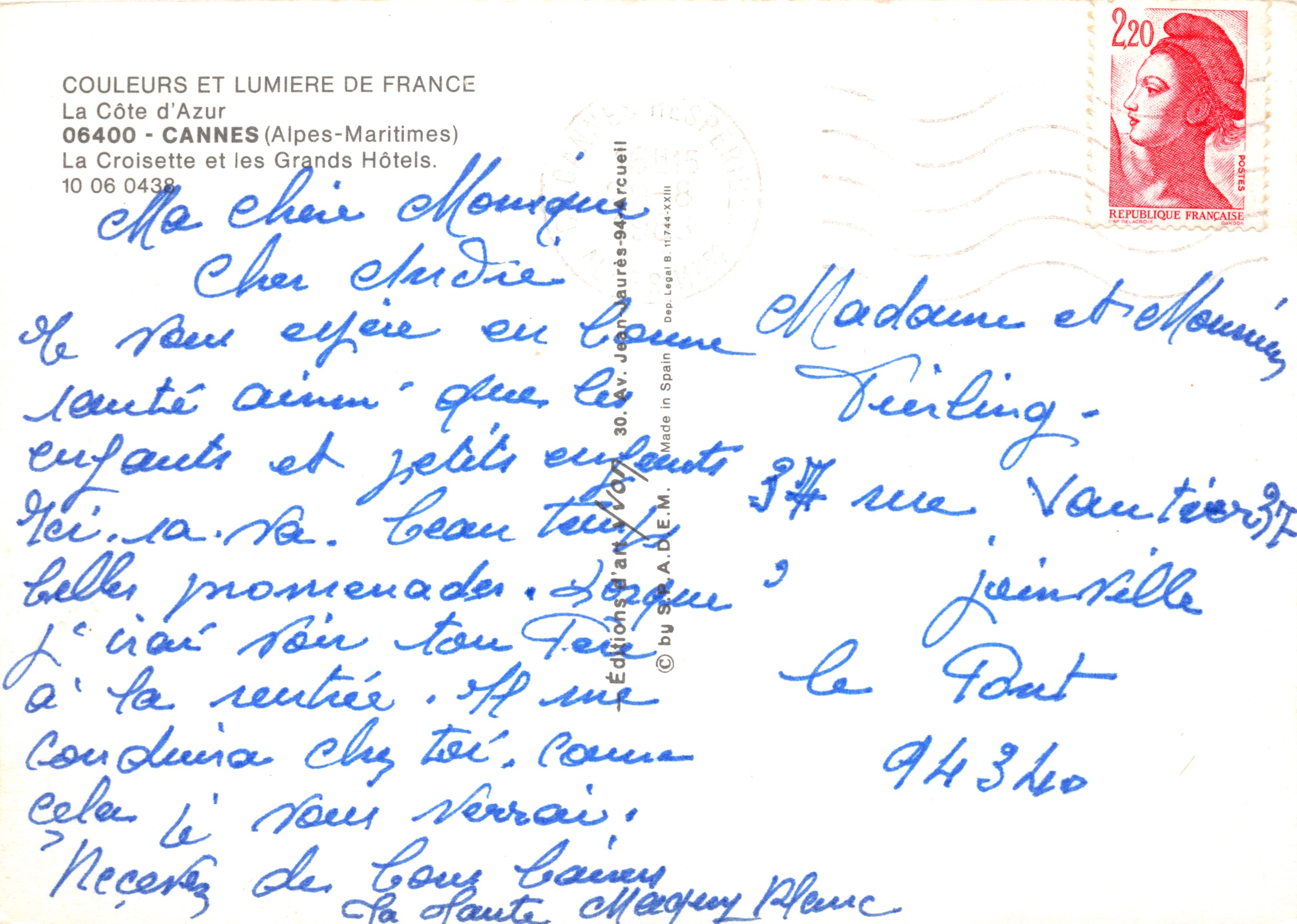Cannes — Vue de la Croisette et des Grands Hôtels — Éditions du S.A.A.D.E.M. — Verso