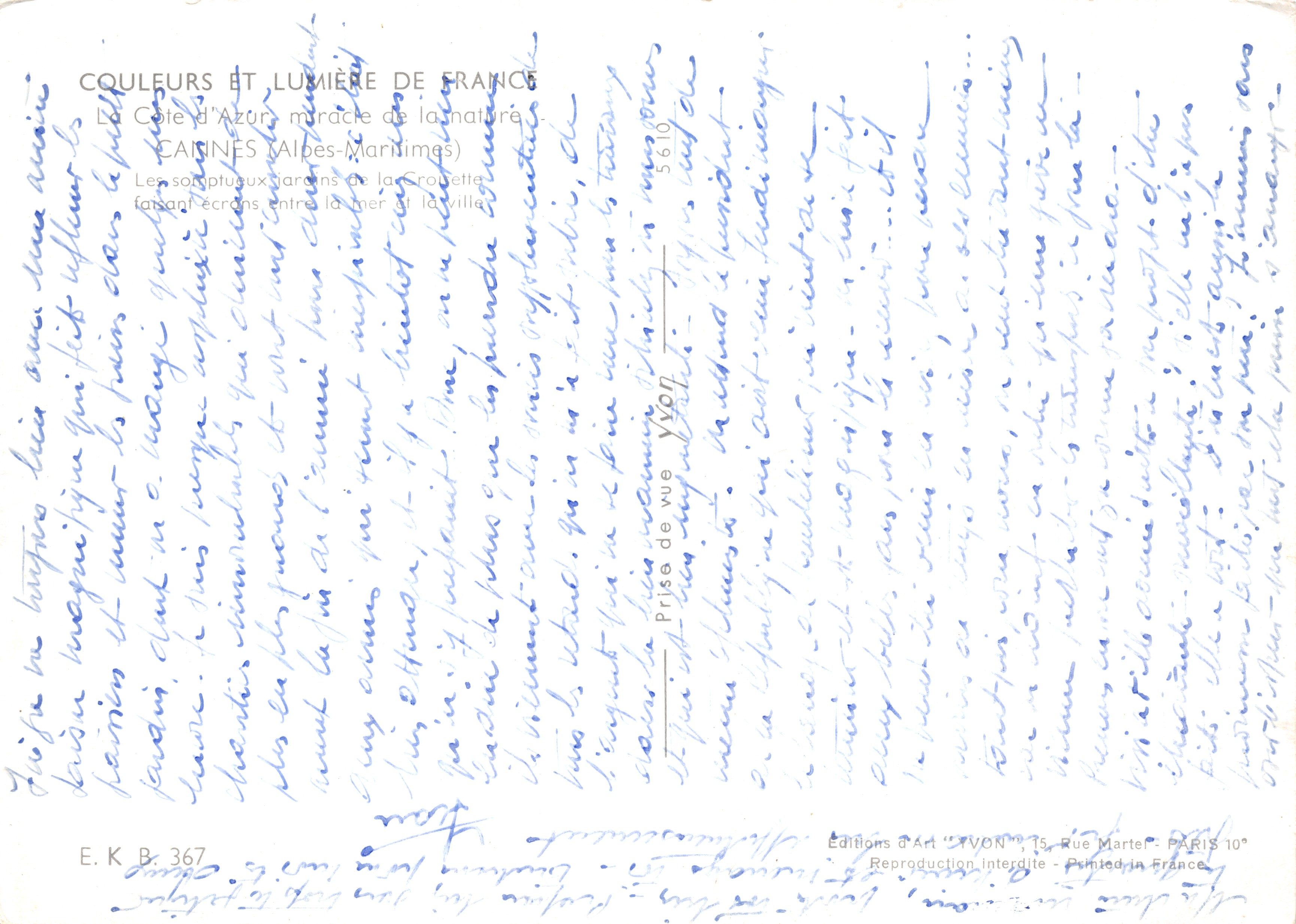Cannes — Jardin de la Croisette — Éditions d'Art YVON — Verso