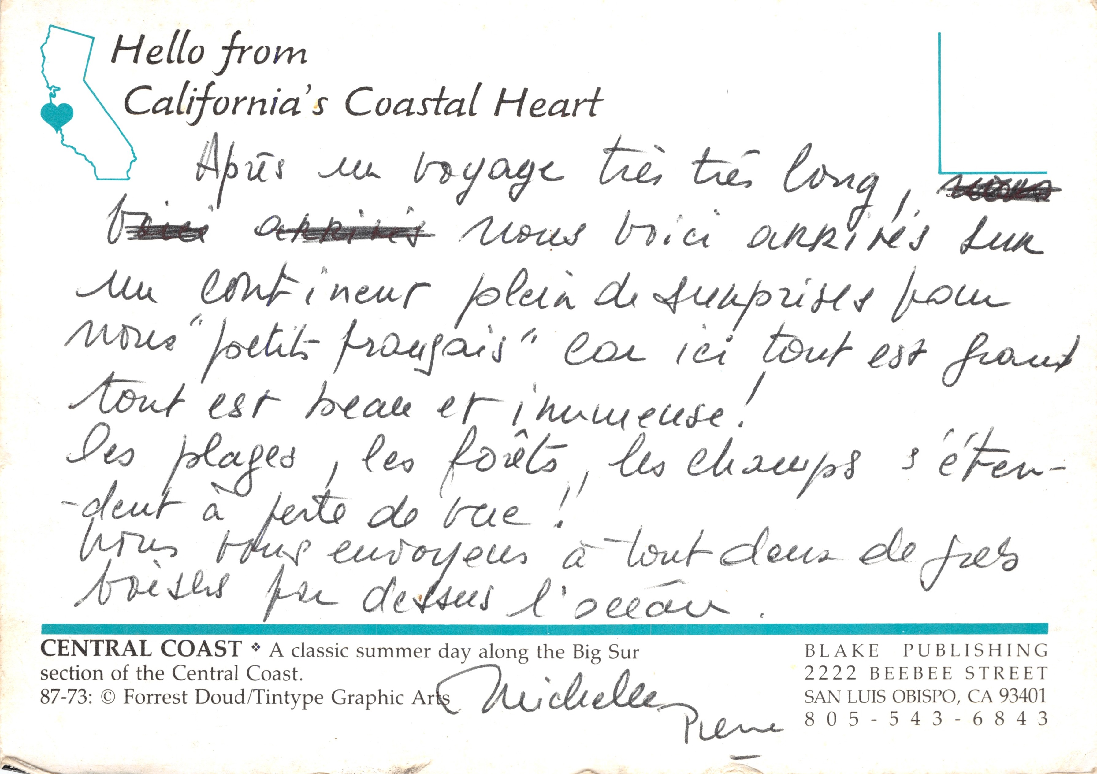 Vista della costa della California — cuore costiero — editore Blake Publishing, n. 87-73 — Verso