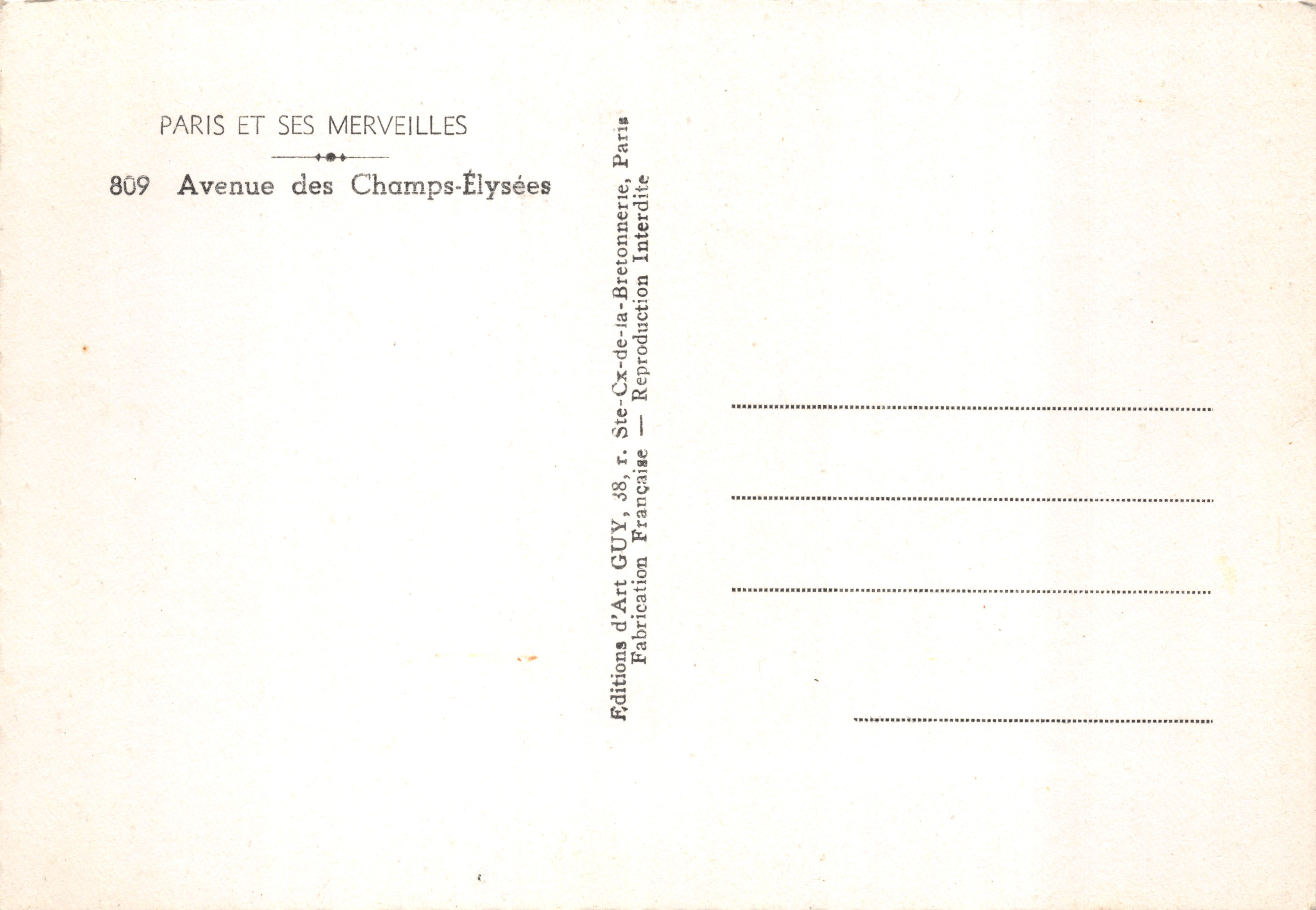 Avenue des Champs-Élysées — uitzicht richting de Triomfboog — uitgever GUY — Achterkant