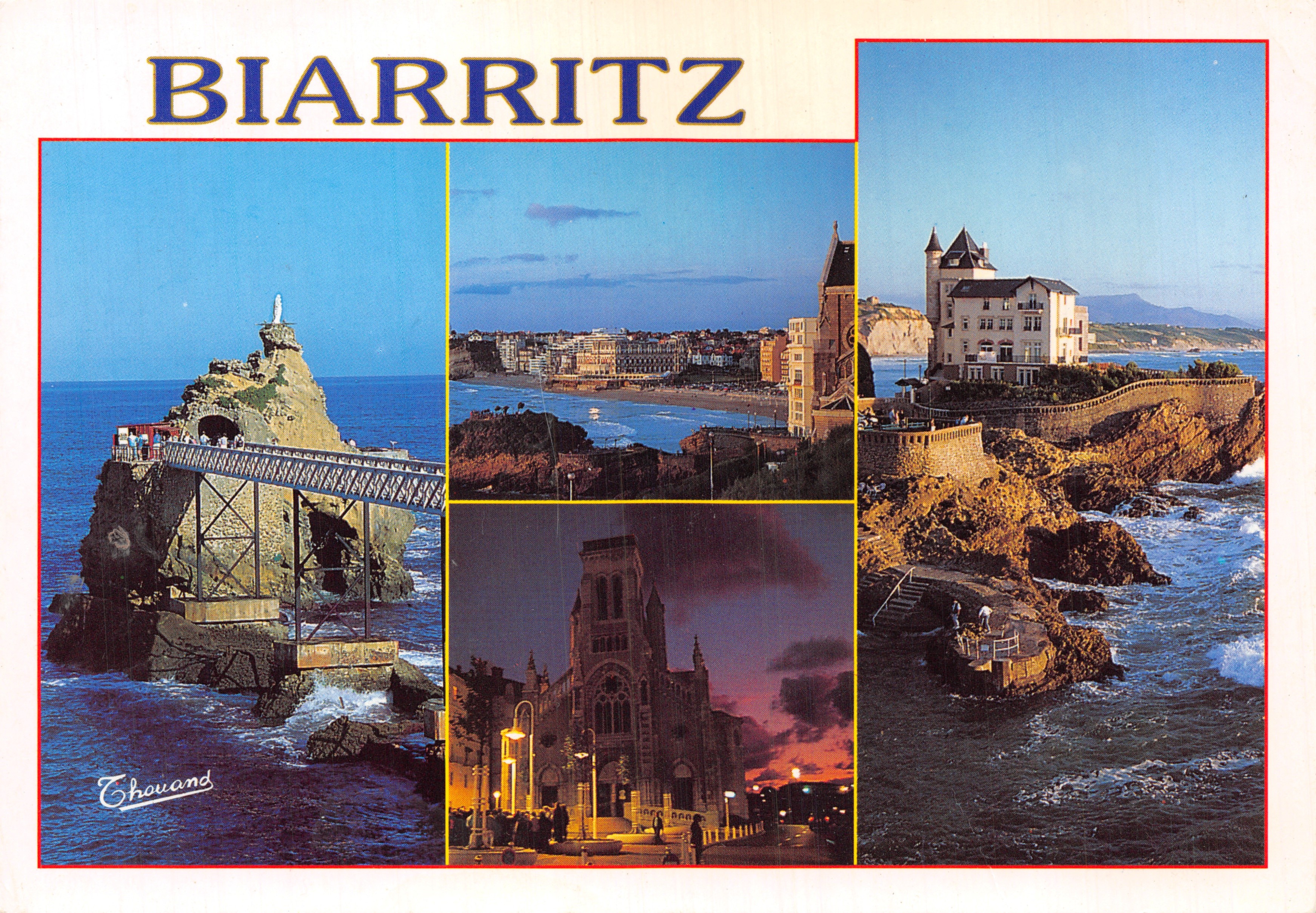 Biarritz — panoramisch uitzicht met Rocher de la Vierge, strand, kerk en villa — uitgever Chouand, n° 168