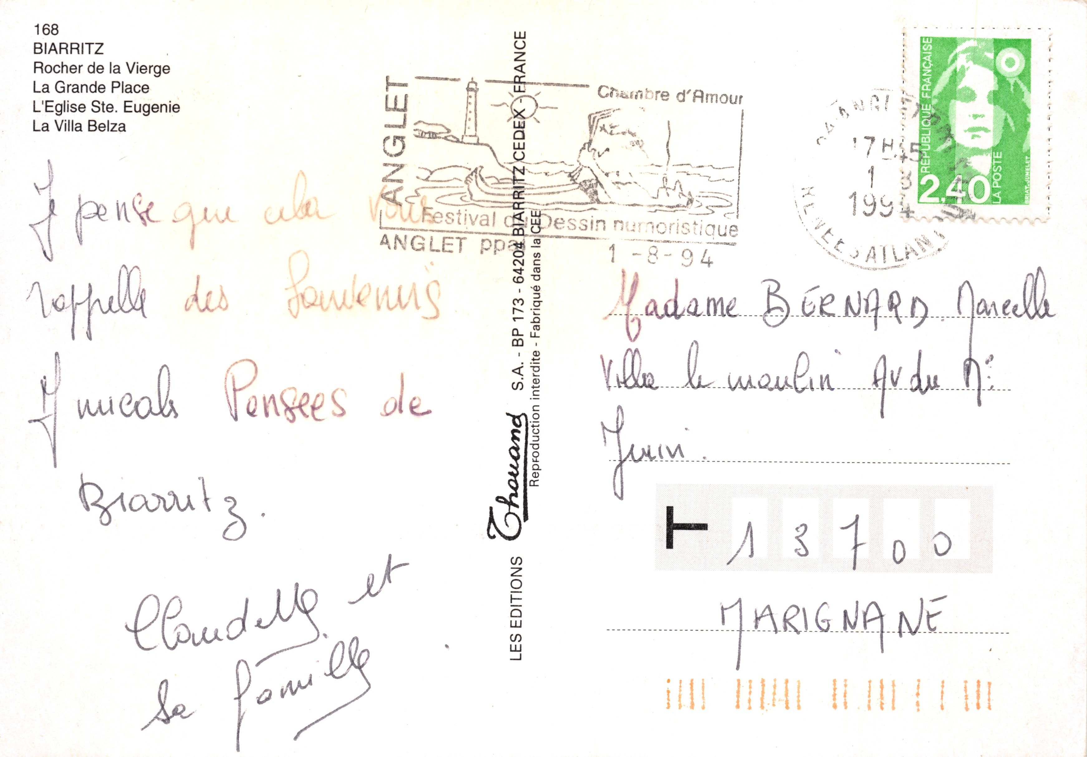 Biarritz — panoramisch uitzicht met Rocher de la Vierge, strand, kerk en villa — uitgever Chouand, n° 168 — Achterkant