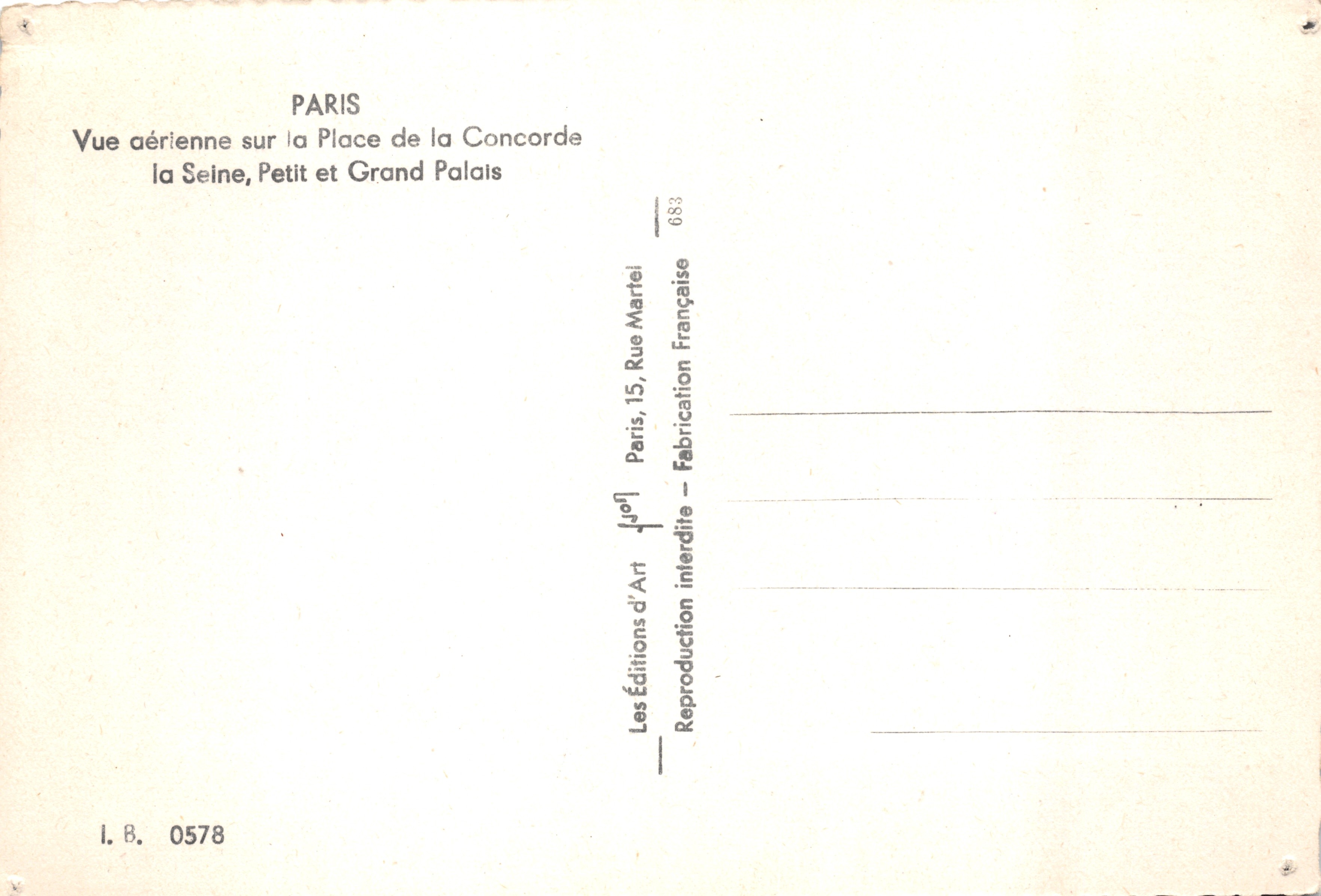 Parijs — Luchtfoto van de Place de la Concorde, de Seine, het Petit en het Grand Palais — Éditions d'Art — Achterkant
