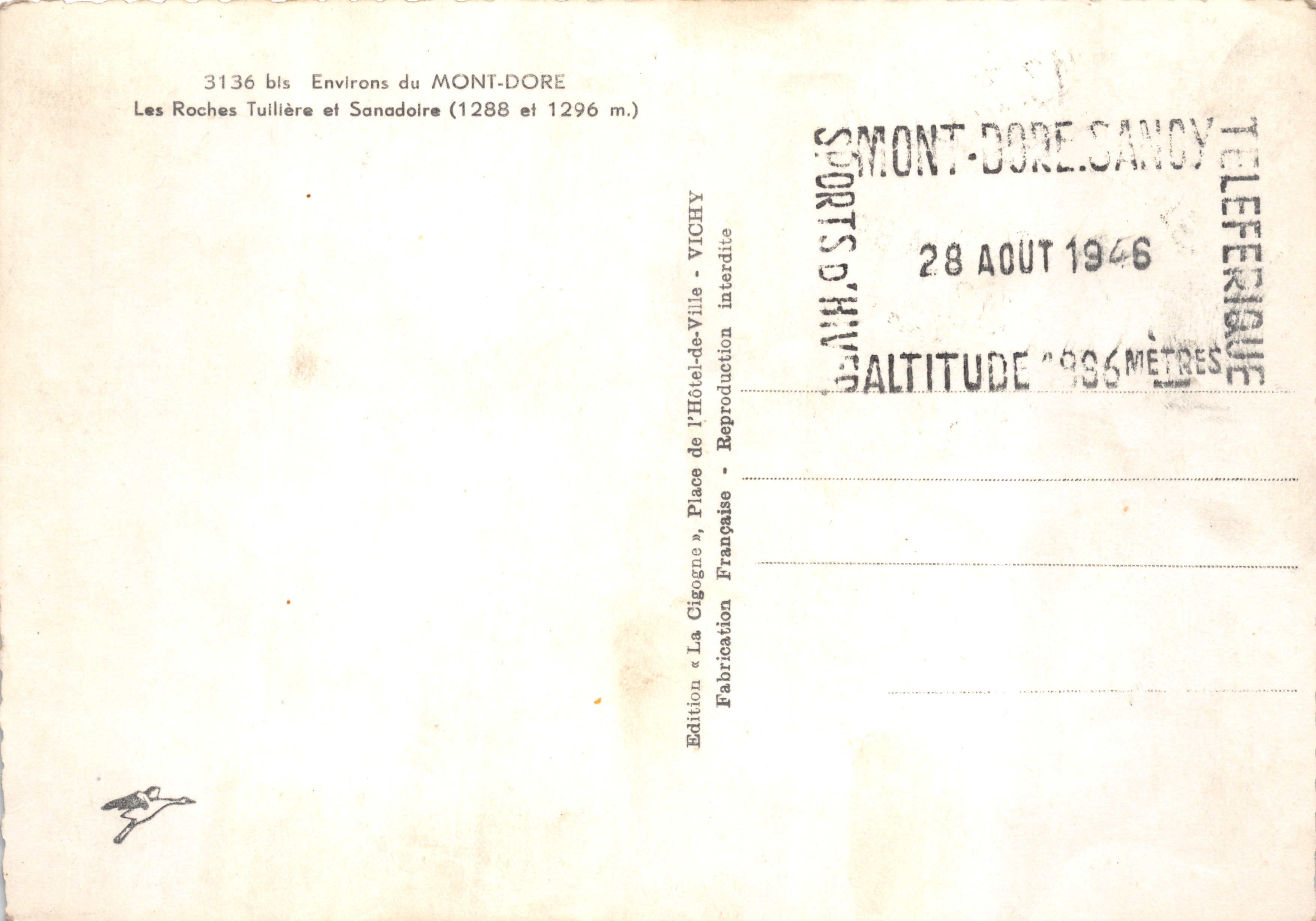 Les Roches Tuillières et Sanadoire (1288 et 1296 m) — Vue depuis le Mont-Dore — Édition « La Cigogne » — Verso