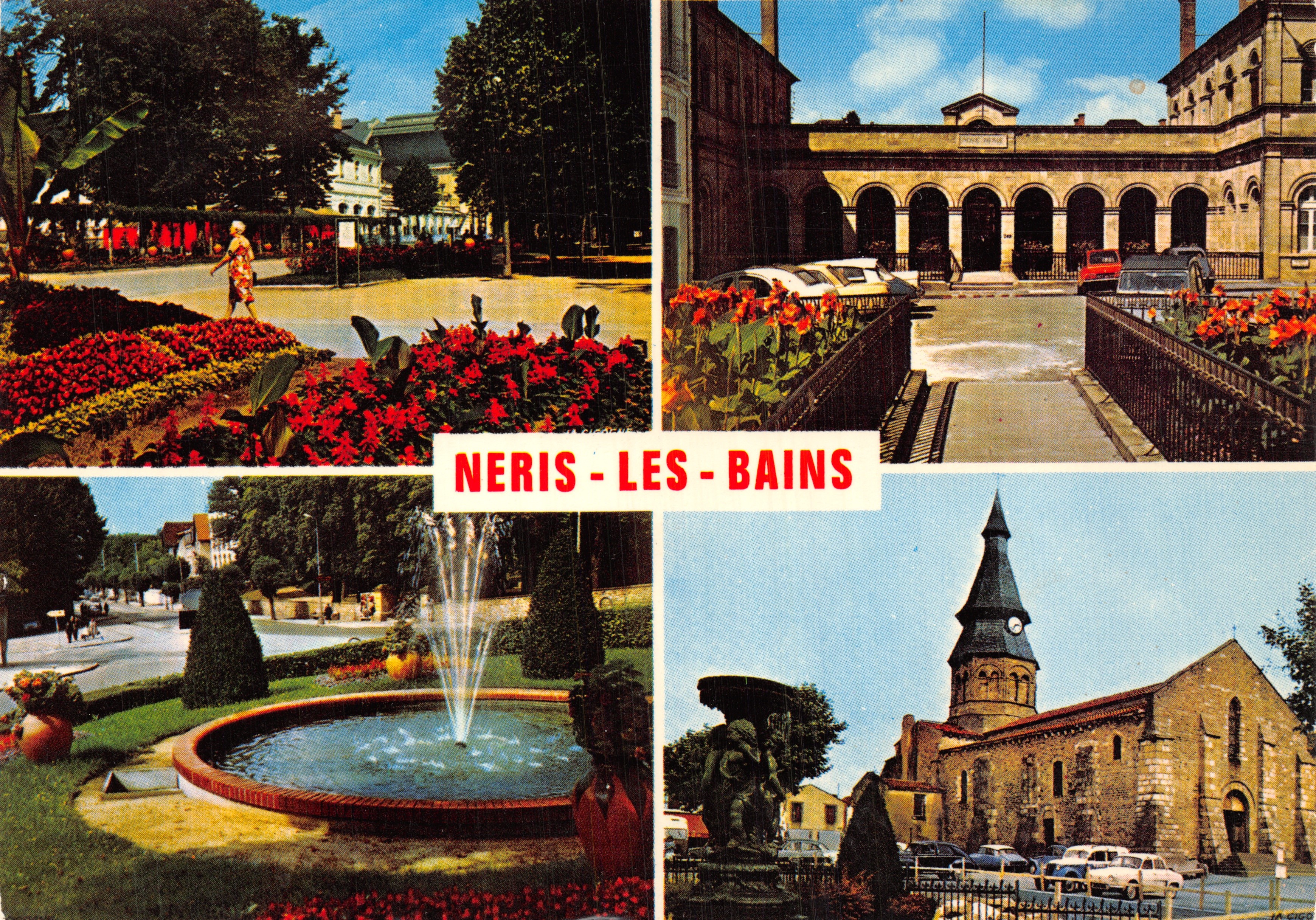 Neris-les-Bains — vista panoramica con fontana, chiesa e edifici pubblici — Éditions 'La Cigogne' Vichy