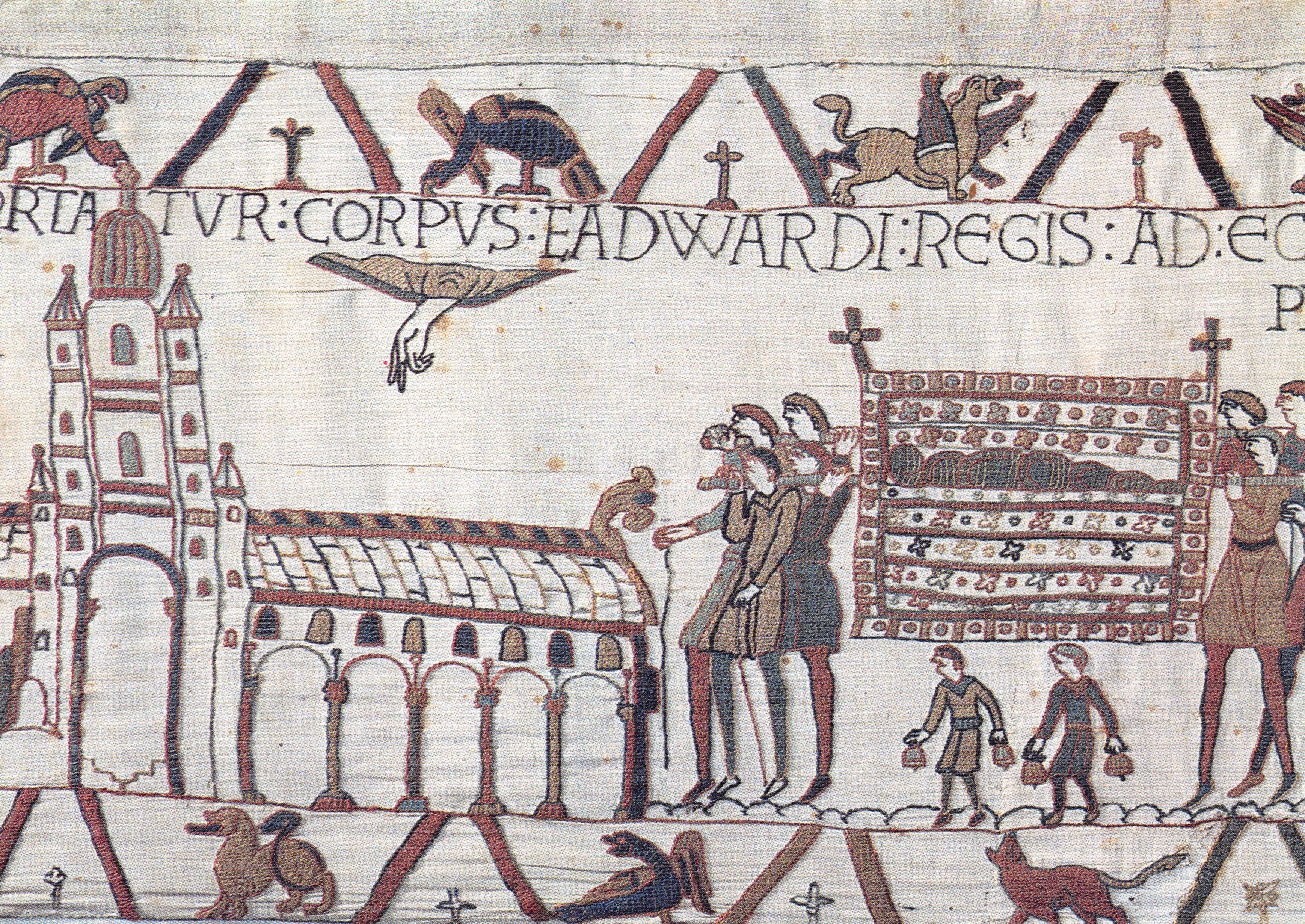 Tapijten van Bayeux — Het lichaam van Eduard wordt naar de kerk Saint-Pierre gevoerd — Imp. La Renaissance, Bayeux
