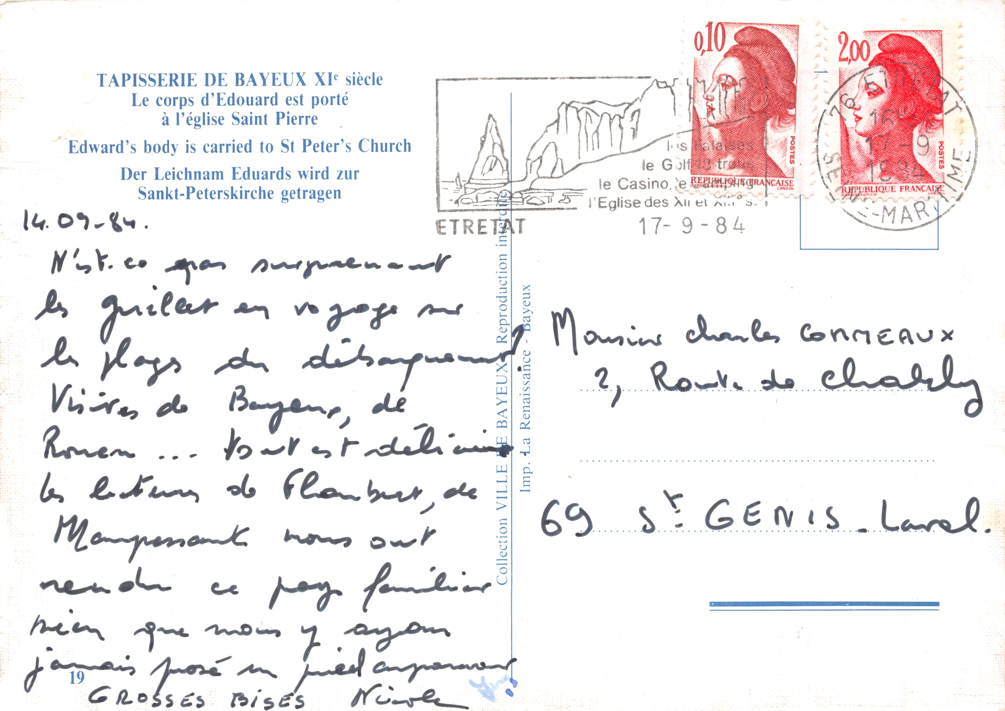 Tapijten van Bayeux — Het lichaam van Eduard wordt naar de kerk Saint-Pierre gevoerd — Imp. La Renaissance, Bayeux — Achterkant