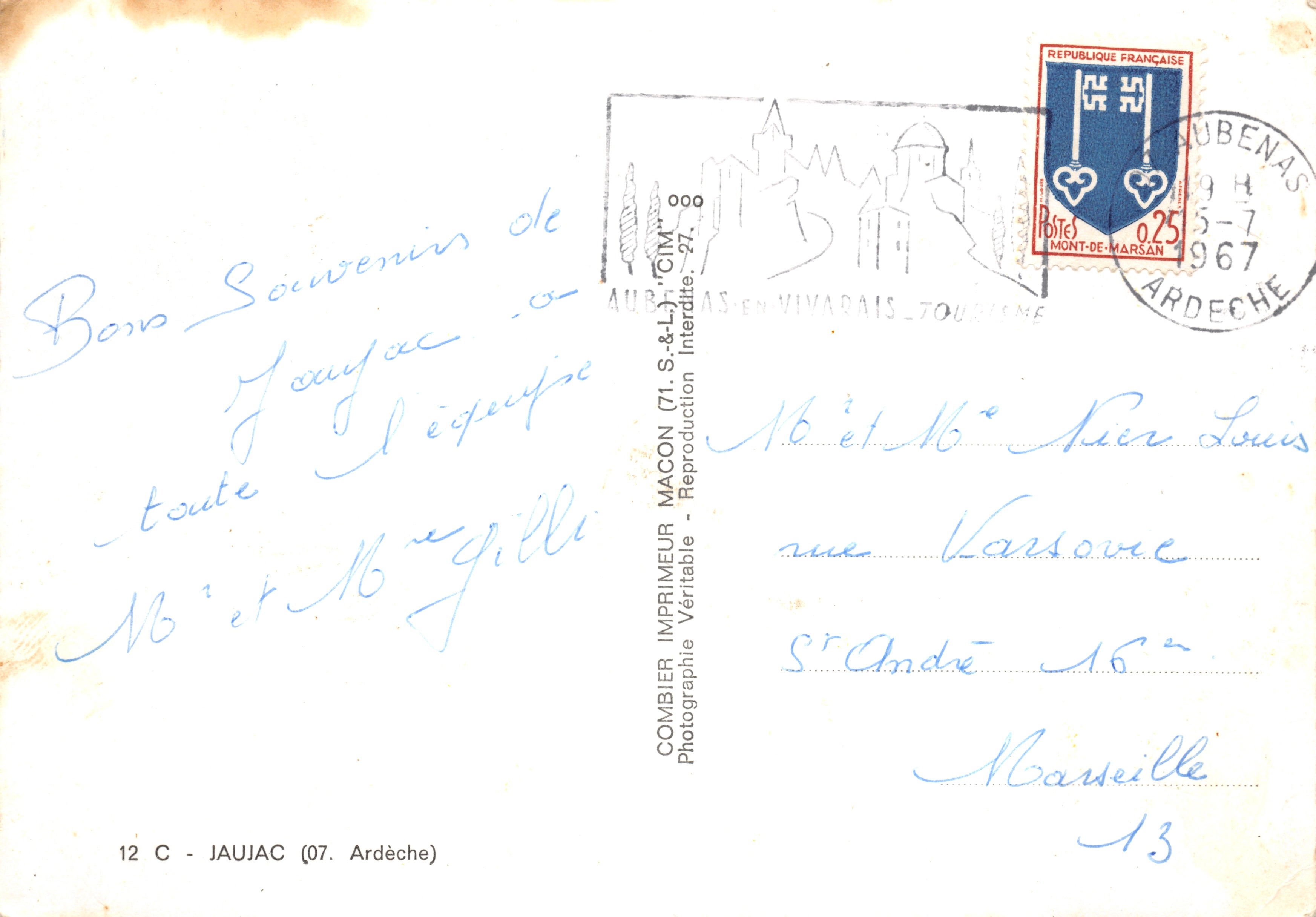 Jaujac — Les coulées basaltiques, le pont du Chastelat, vue générale — Imprimeur Combière (71 S.&L.) — Verso