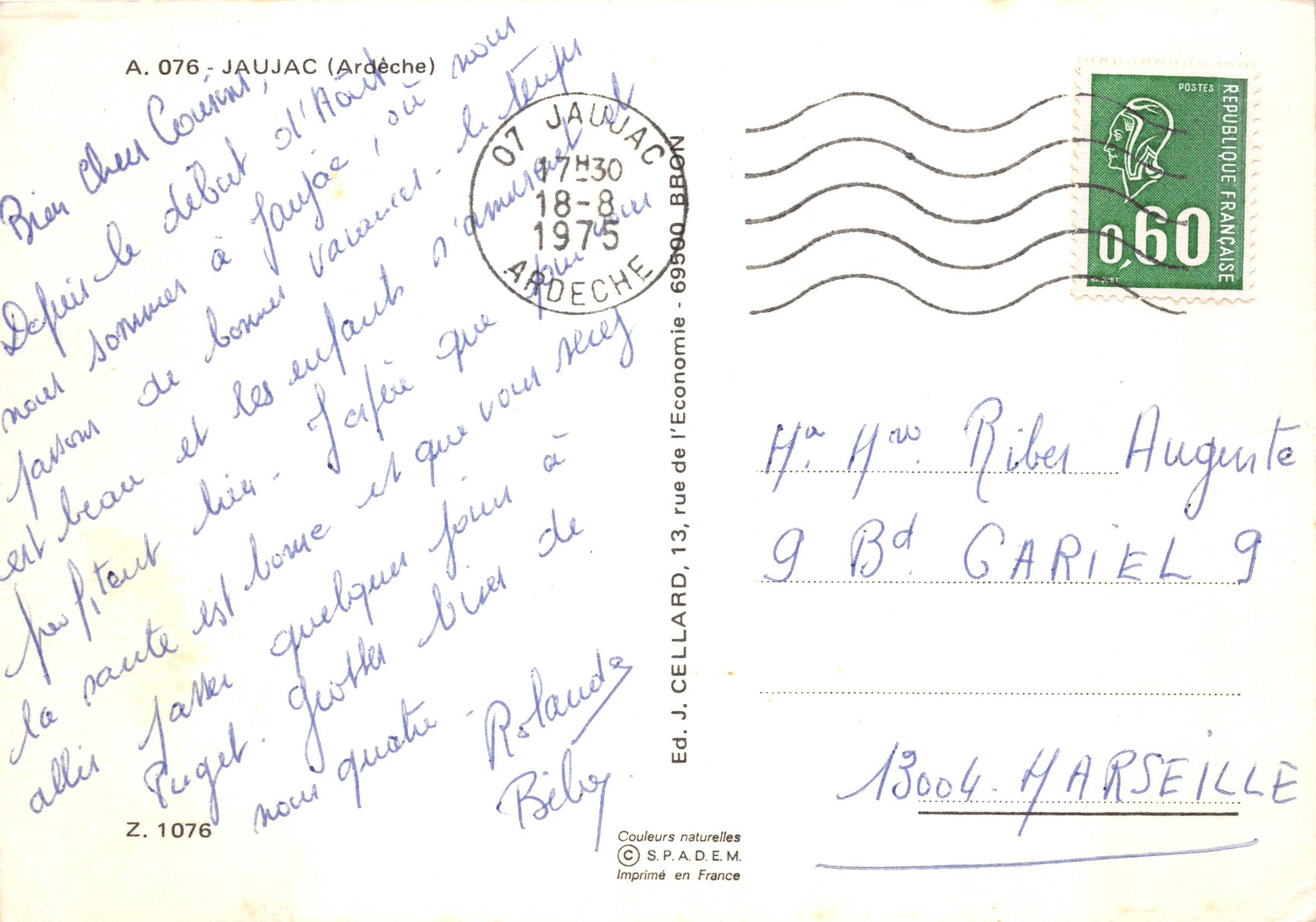 Jaujac — pueblo situado en Ardèche — Ed. J. Cellard, Z. 1076 — Reverso