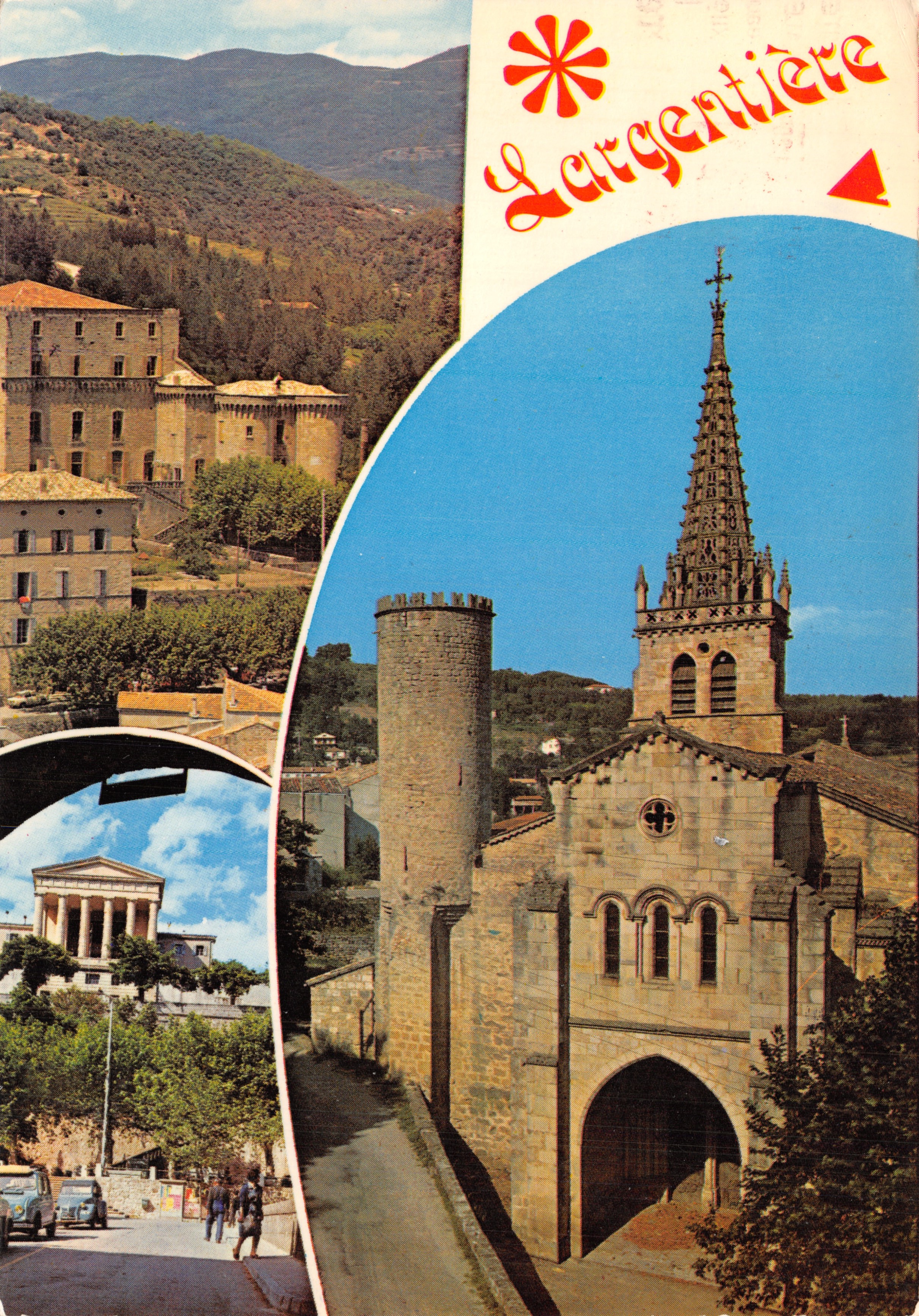 Largentière — vista de la ciudad medieval con iglesia y castillo — Ed. J. Cellard