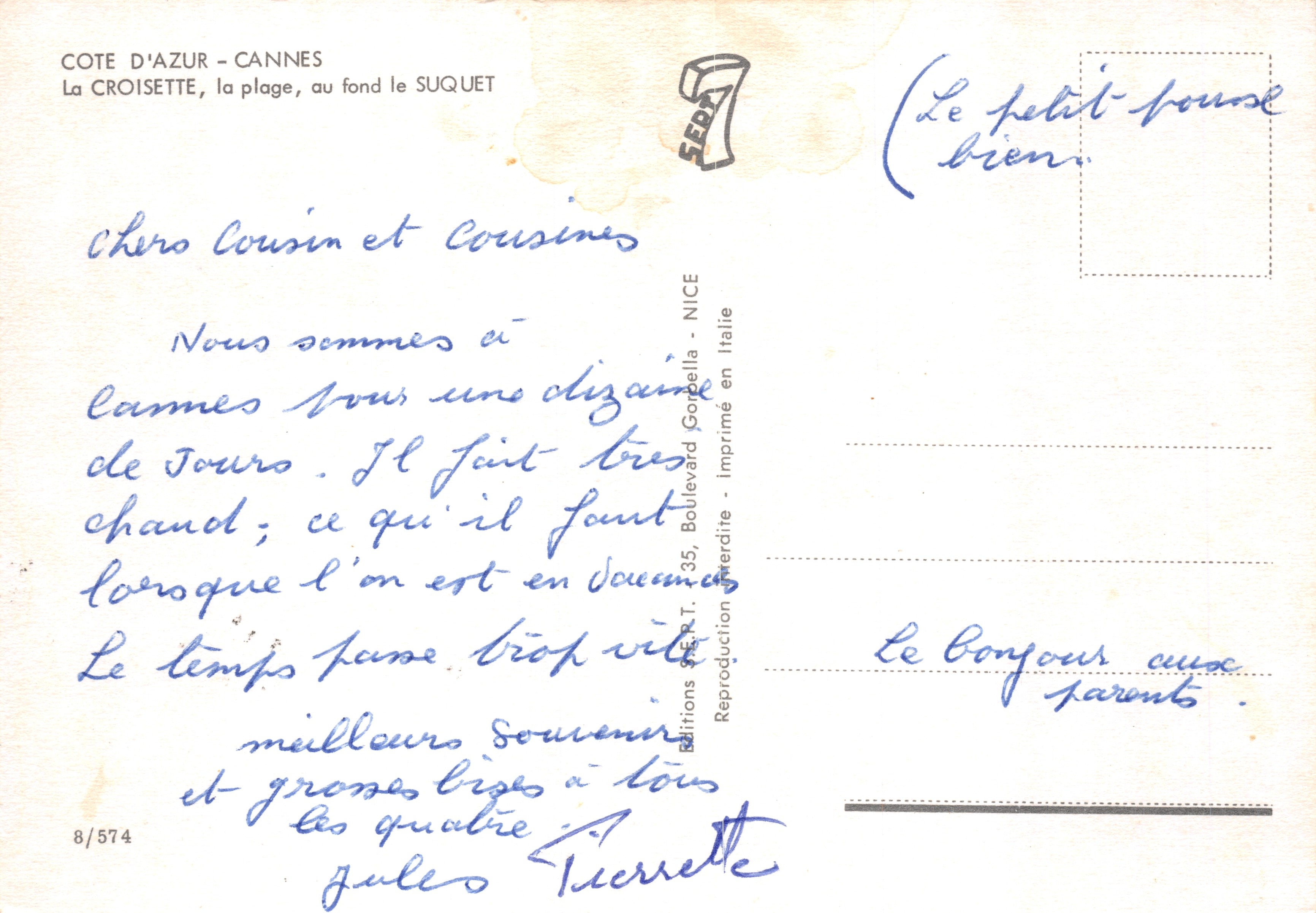 Cannes — Ansicht von La Croisette, im Hintergrund Le Suquet — Editions S.E.B.A. 8/574 — Rückseite
