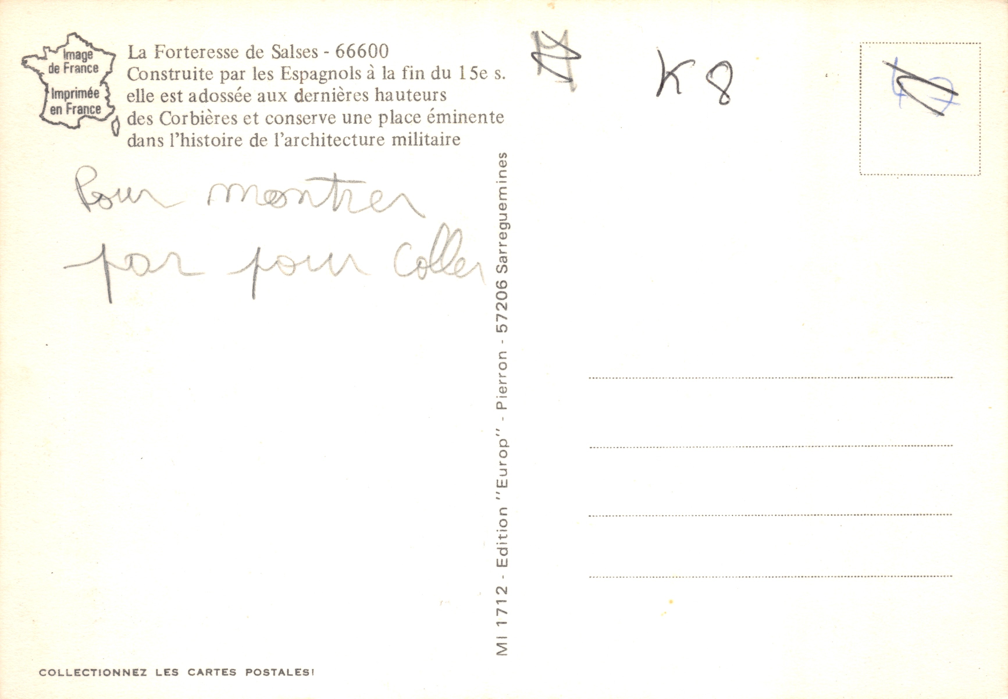Forteresse de Salses — vue aérienne — Édition 'Europ' - Pierron - 1712 — Back
