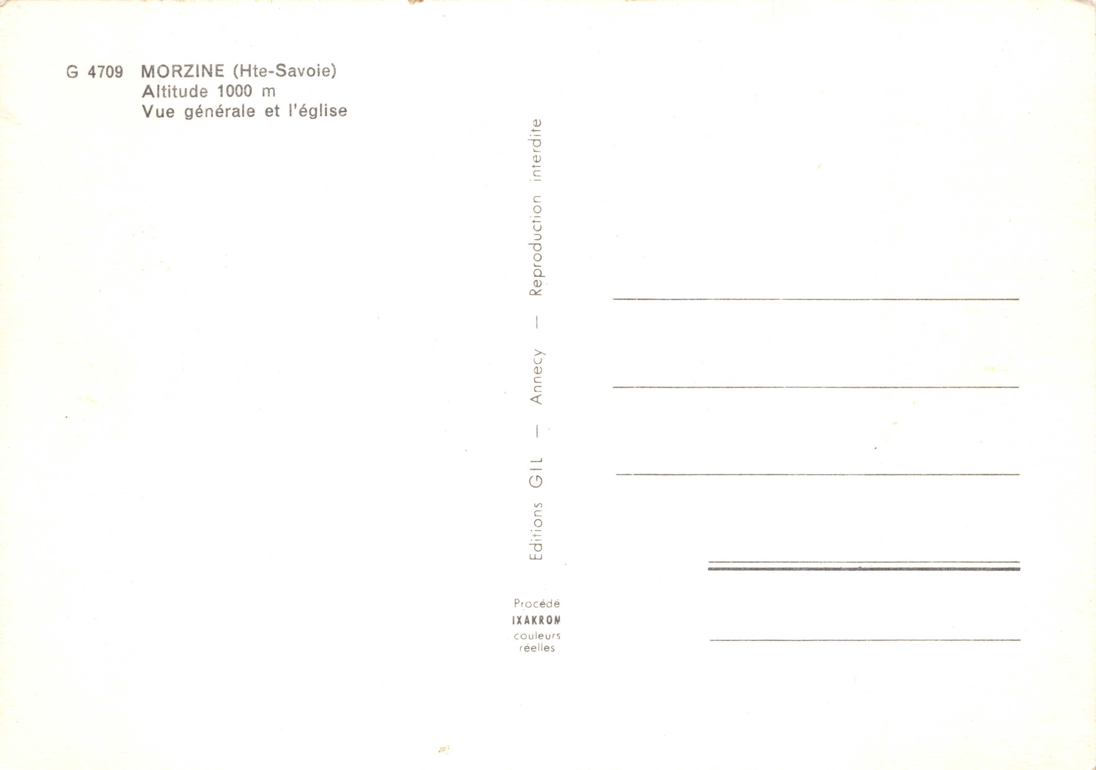 Morzine (Haute-Savoie) — vue générale avec l'église — Éditions GIL, Annecy — Verso