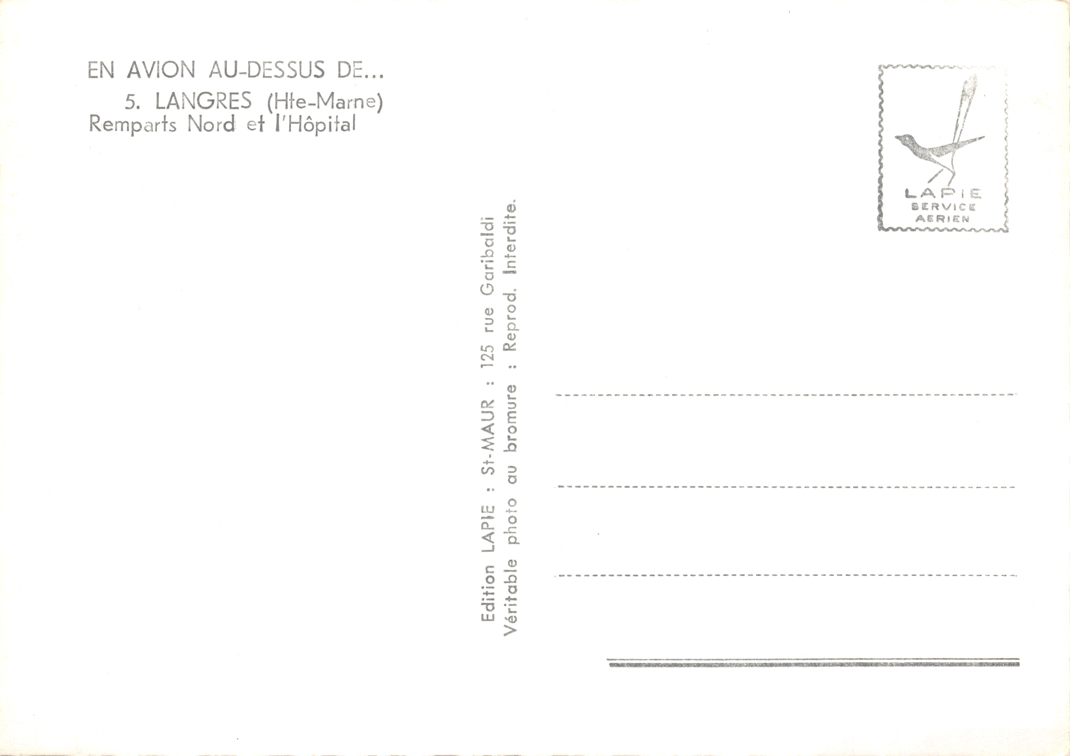 Langres (Hte-Marne) — vista aérea de los muros norte y del hospital — Edición LAPIE SERVICE AÉRIEN — Reverso