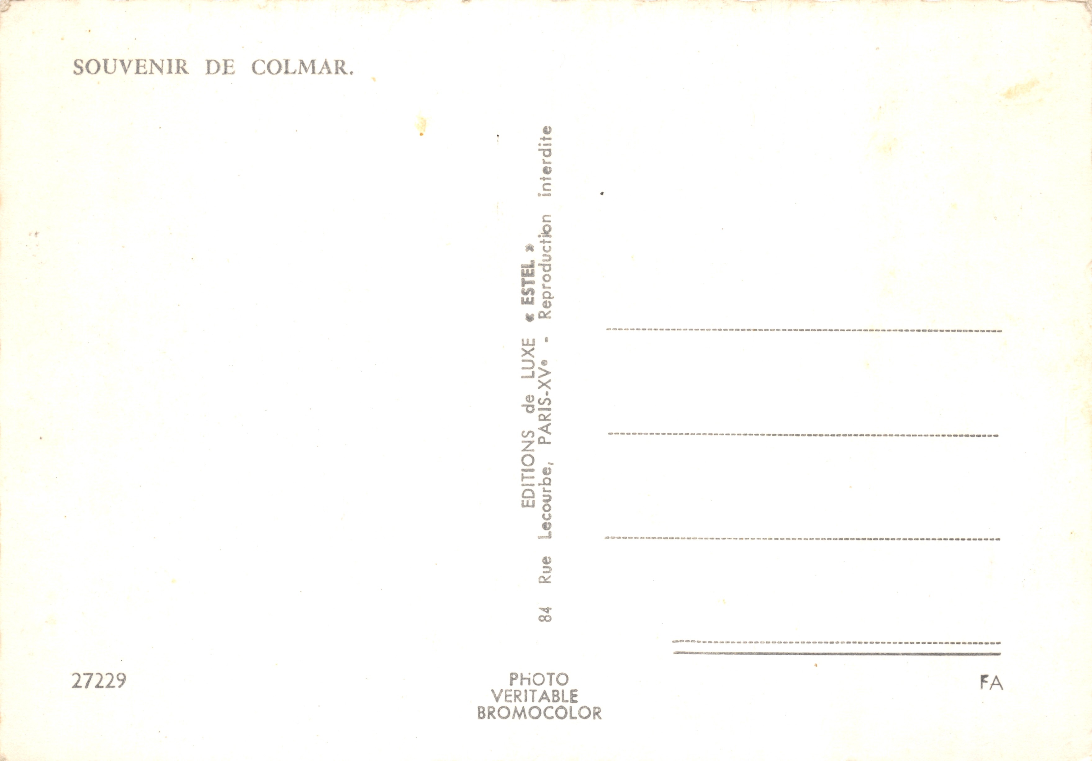 Colmar — La Petite Venise, maisons sculptées, quais et rues alsaciennes — Éditions Estel, n°27229 — Verso
