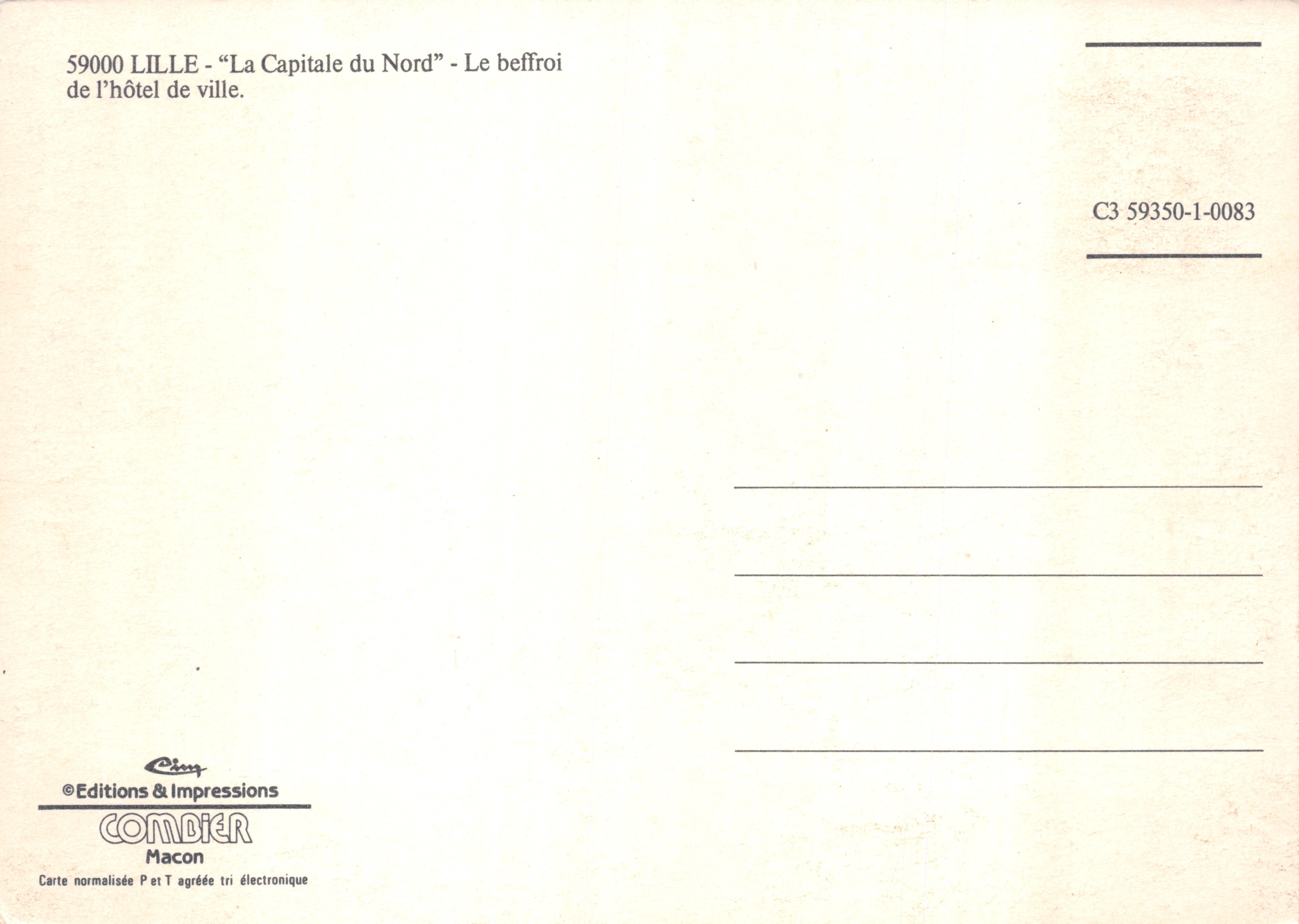 Lille - La Capital del Norte — El campanario del ayuntamiento — Éditions & Impressions COMBIE R — Reverso