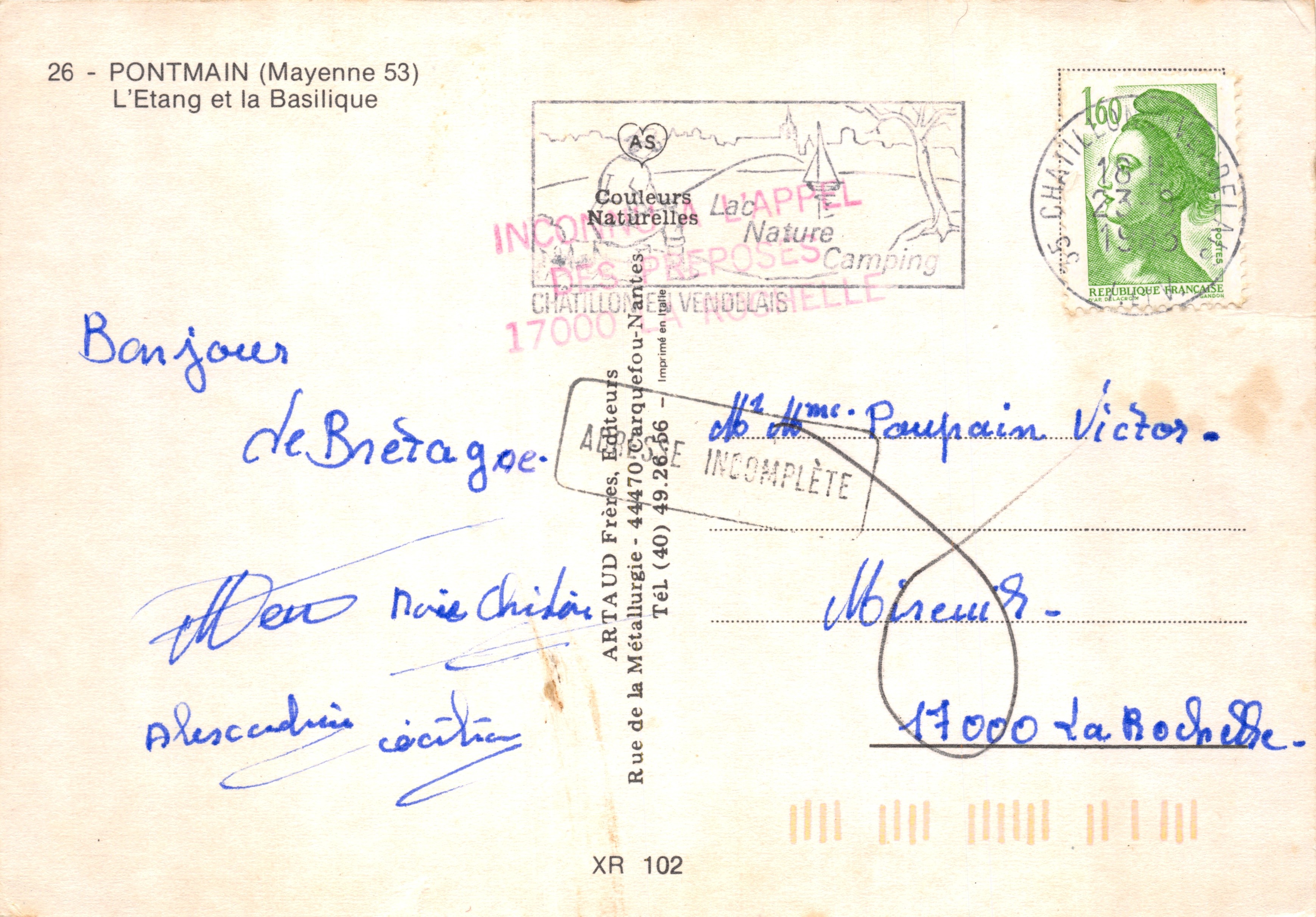 Pontmain (Mayenne) — la Basilique et l'étang avec pont — éditeur ARTAUD Frères — Reverso