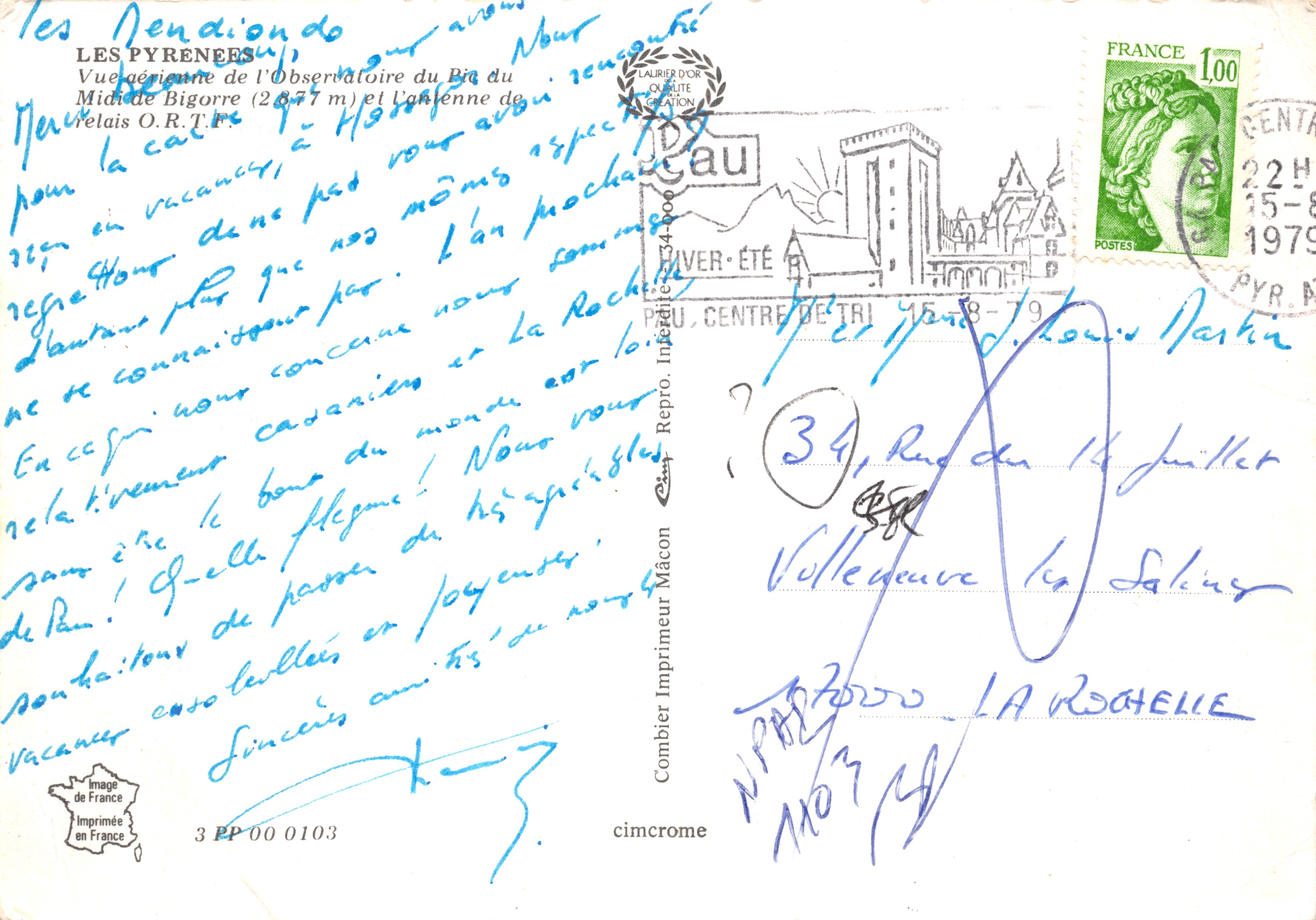 Luchtfoto van het Observatorium van de Pic du Midi de Bigorre (2.877 m) en de O.R.T.F.-relaisantenne — Gedrukt door Combier Drukker in Mâcon, n° 3 PP 00 0103 — Achterkant