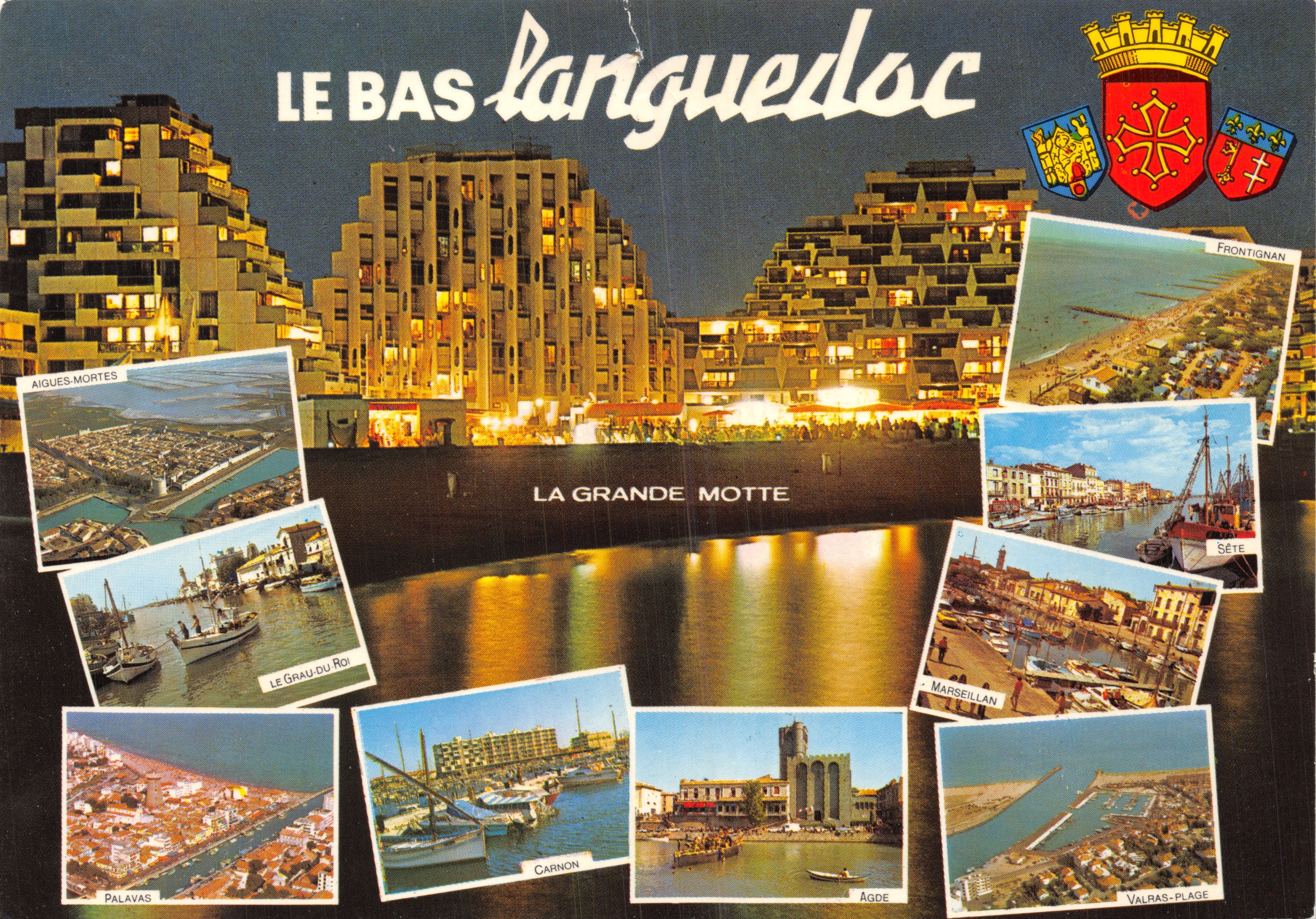 The Lower Languedoc — night view of the buildings of La Grande Motte with collage of places — Société Gorde, Éditions de France