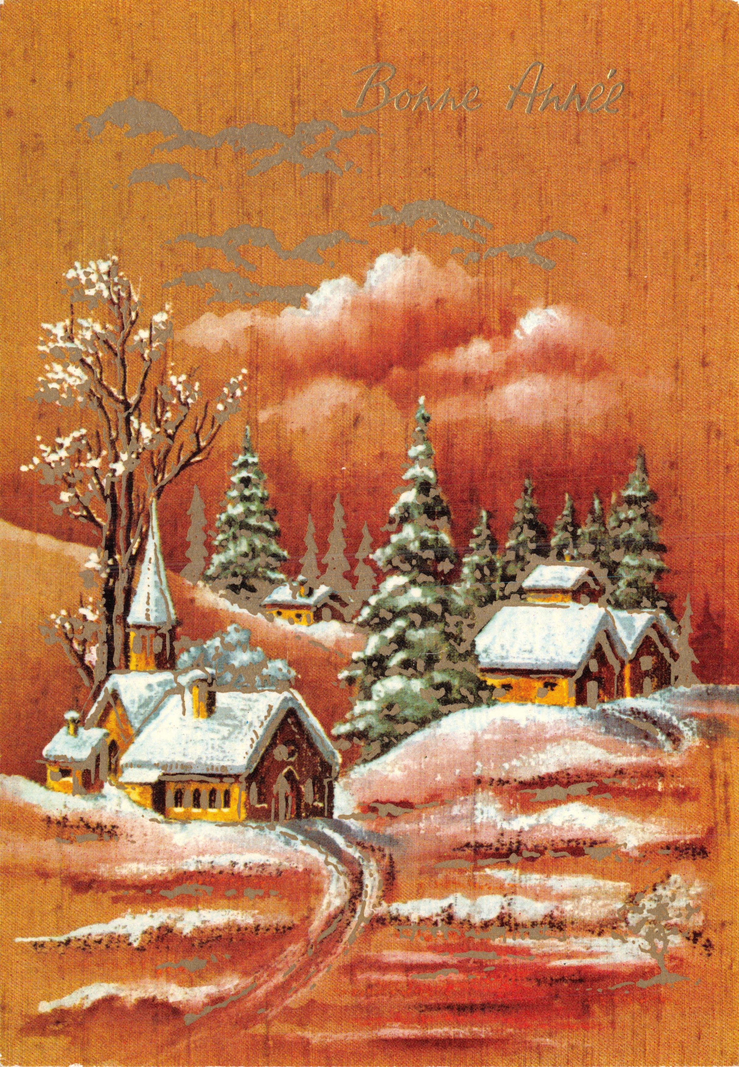 Schneeviertel — Winterlandschaft mit Kirche — in Italien gedruckt
