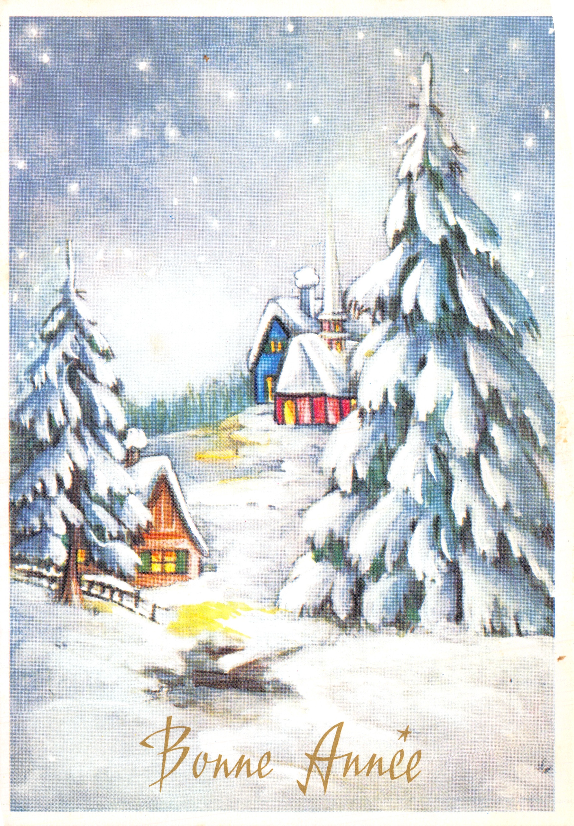 Paesaggio invernale — villaggio innevato con chiesa e chalet — editore STAMPATO SULLA CARTA, SERIE N°8710