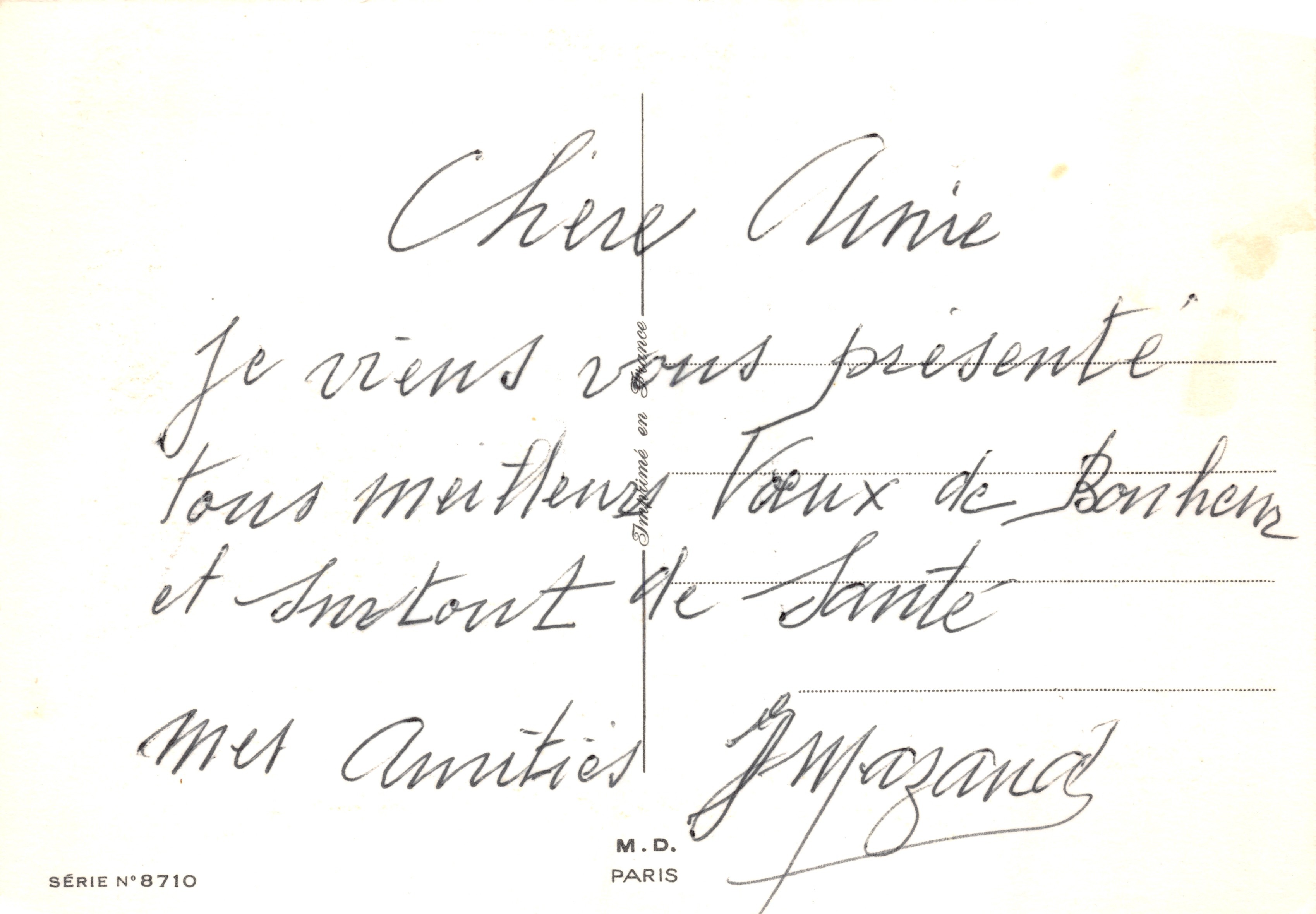 Paesaggio invernale — villaggio innevato con chiesa e chalet — editore STAMPATO SULLA CARTA, SERIE N°8710 — Verso