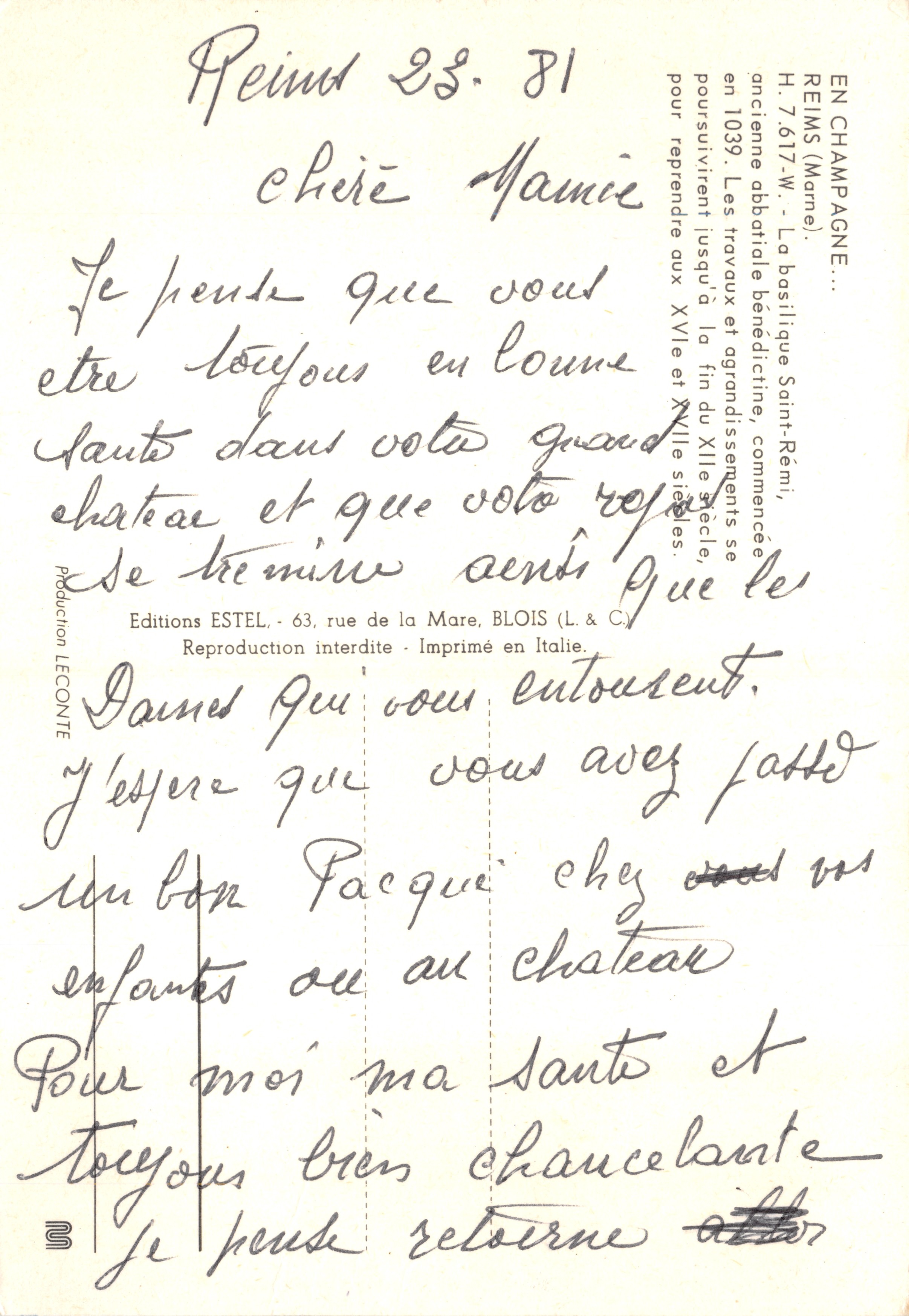 Abadía de Saint-Rémi — fachada gótica con vidriera y dos torres — editor ESTEL — Reverso