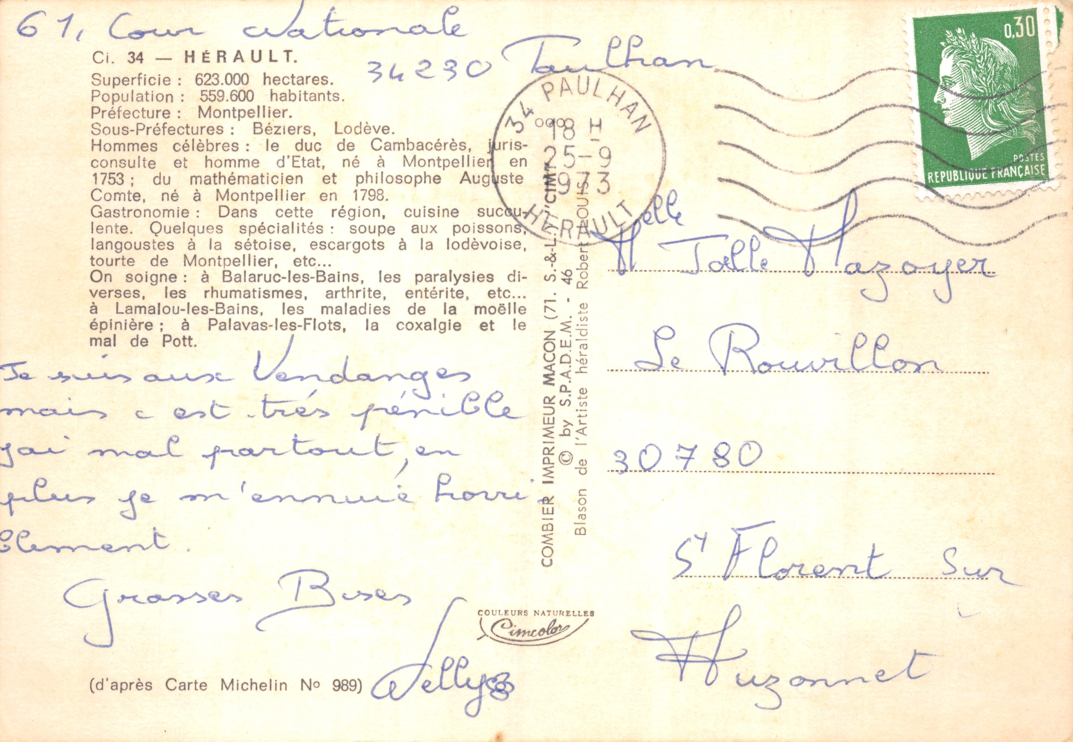 Hérault — Cartolina turistica con mappa dettagliata e foto dei luoghi — Stampa di Comblier S.A.L. & Co. (n° 969) — Verso
