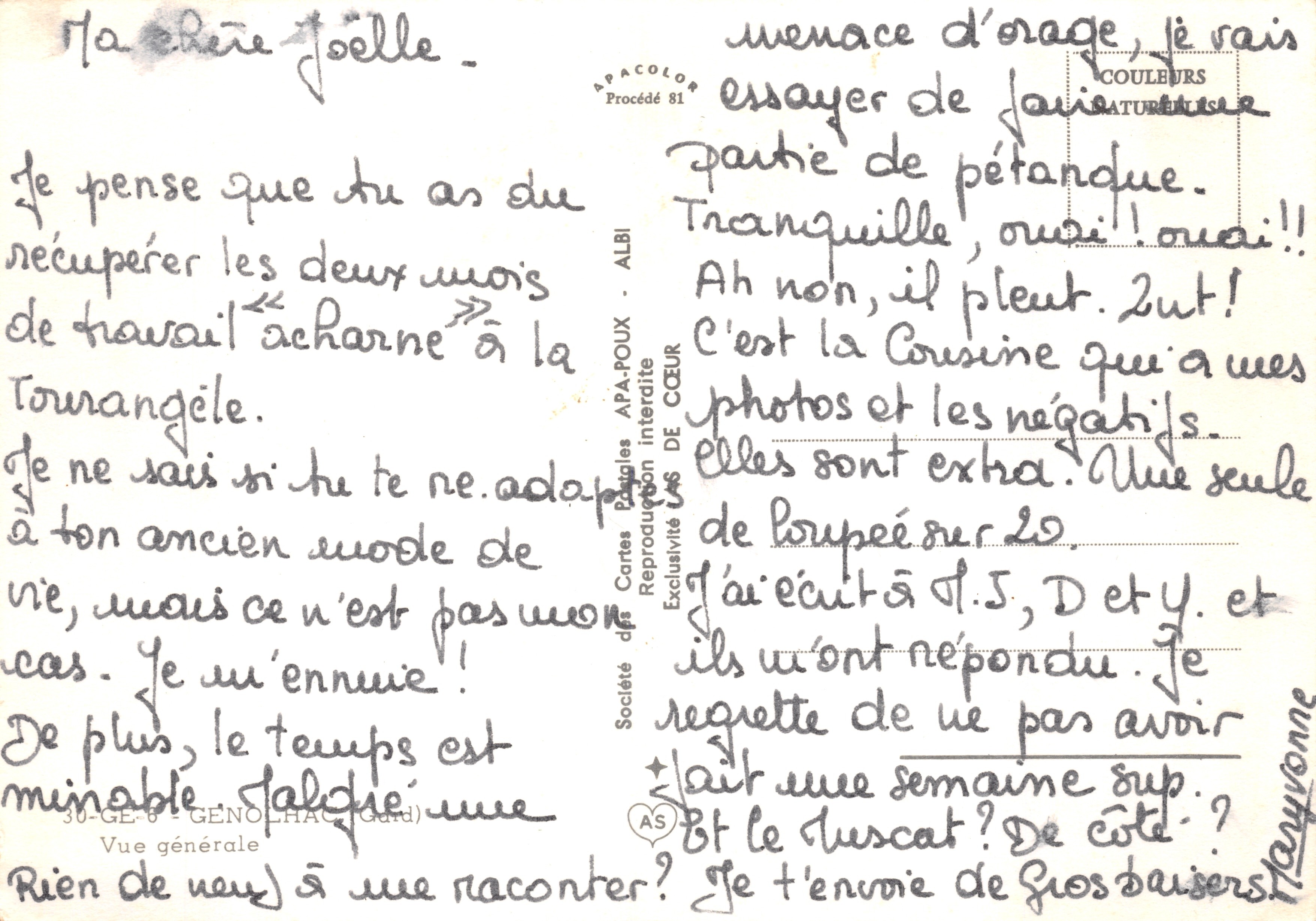 Génolhac (Gard) — vue générale du village ensoleillé avec vignes en premier plan — Société des Cartes Postales APA-POUX - ALBI — Achterkant