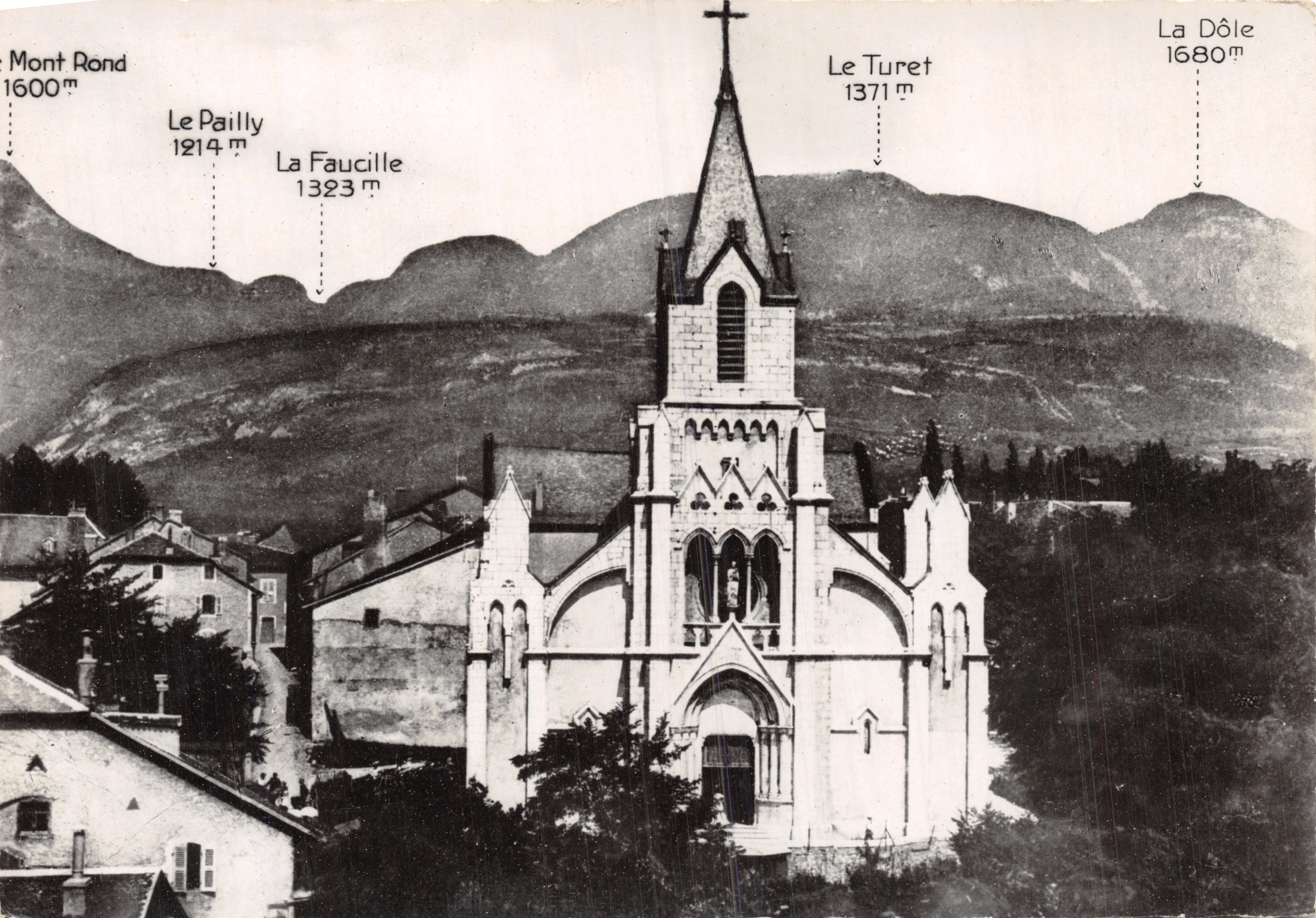 Église et col de la Faucille — vue panoramique avec montagnes étiquetées — Édition Michaux - Bellegarde