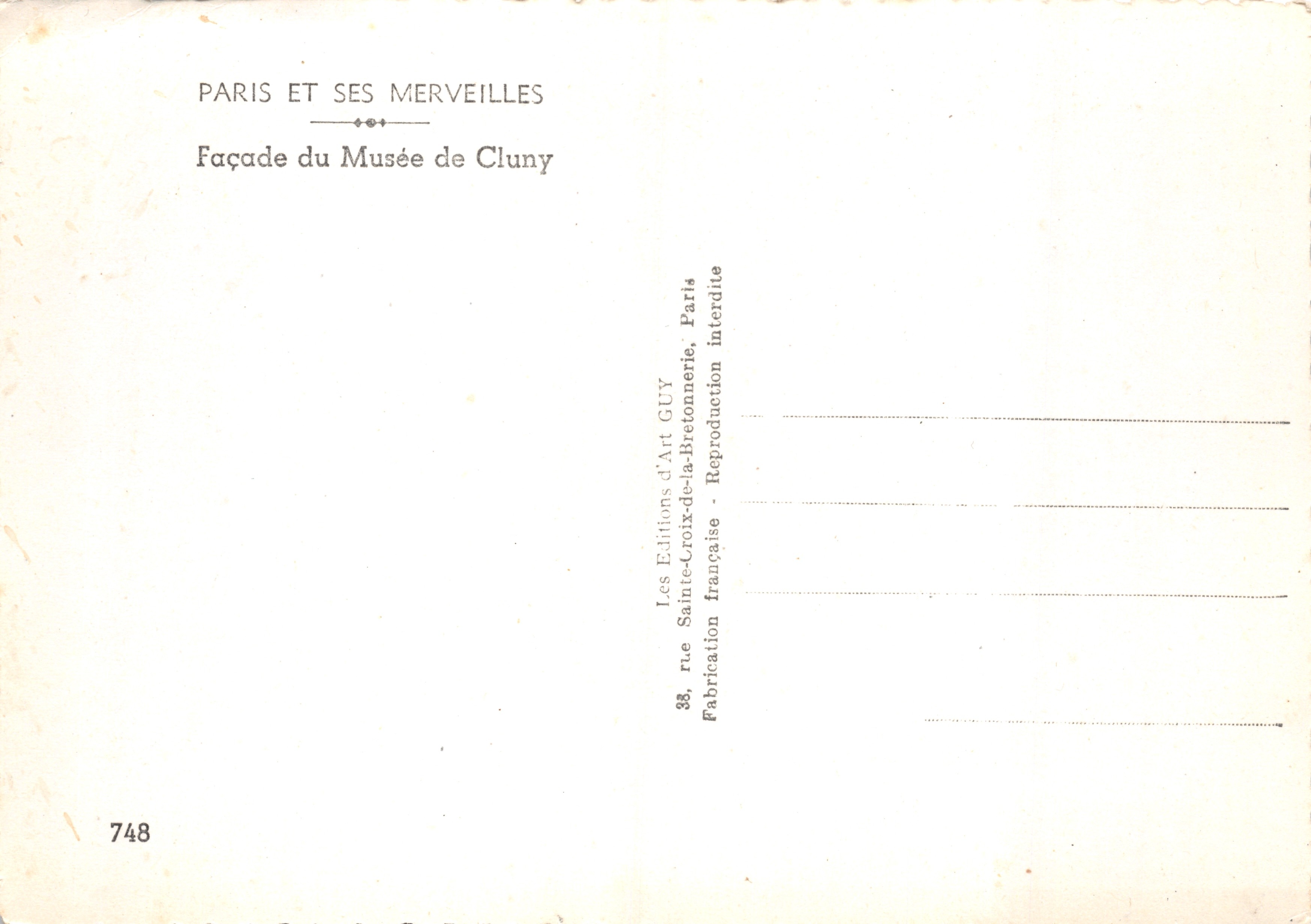 Fassade des Musée de Cluny — Verlag GUY, Nr. 748 — Rückseite