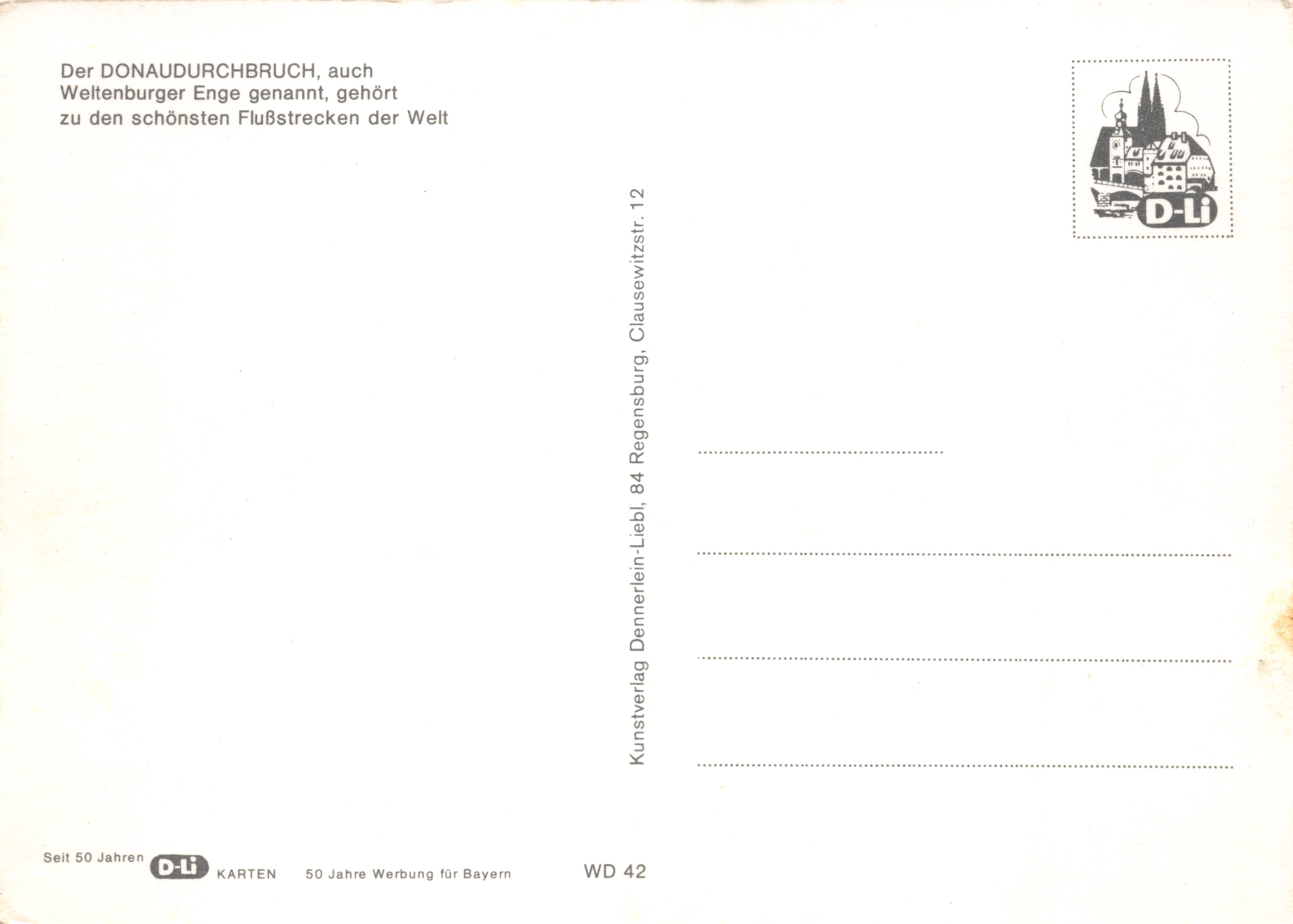 Danube Breakthrough — passage of the Danube between limestone cliffs — Kunstverlag D-Li, WD 42 — Back