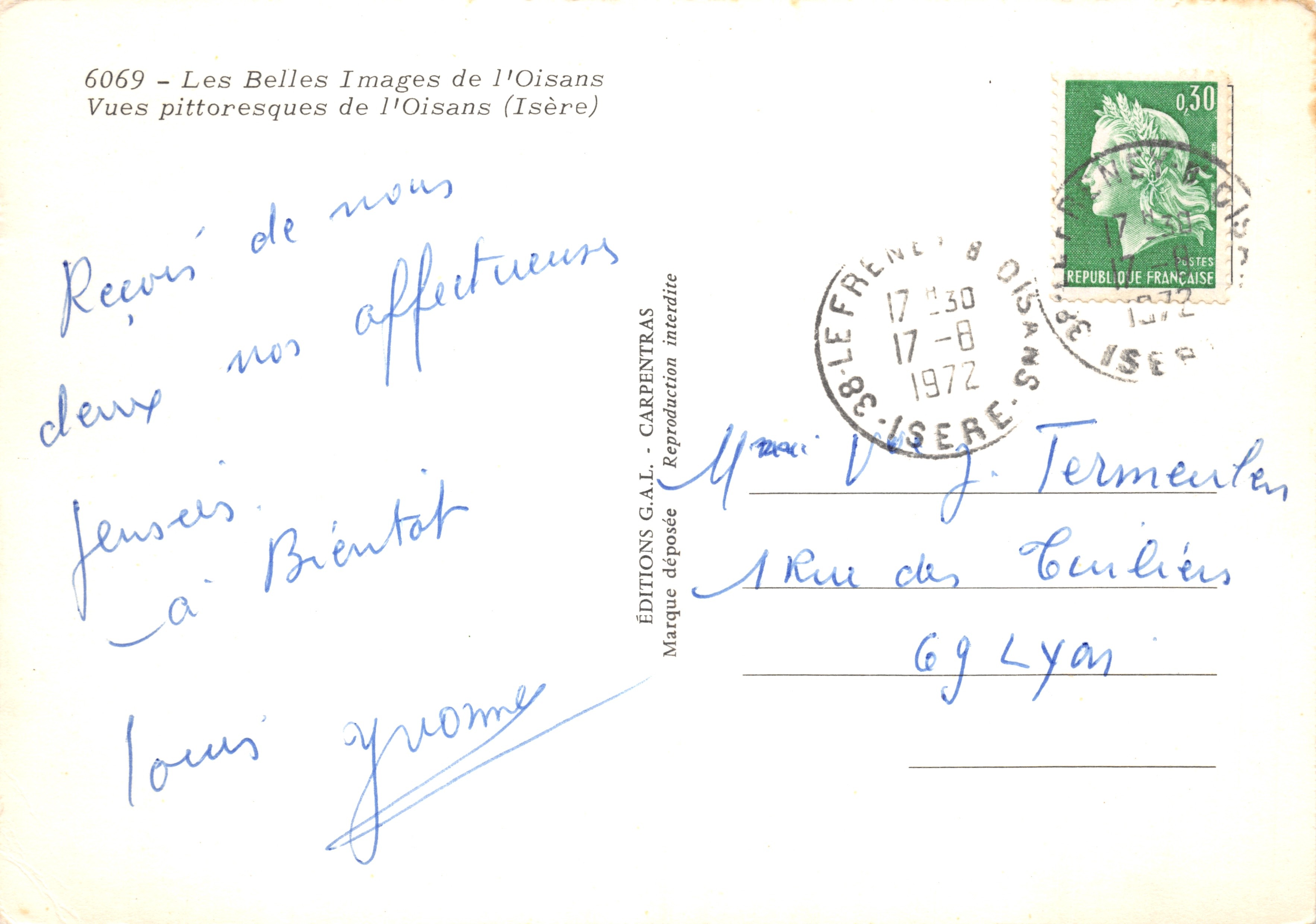 Vues de l'Oisans — Montagnes, cascade, lac, vaches et villages — Éditions G.A.L. Carpentras — Verso
