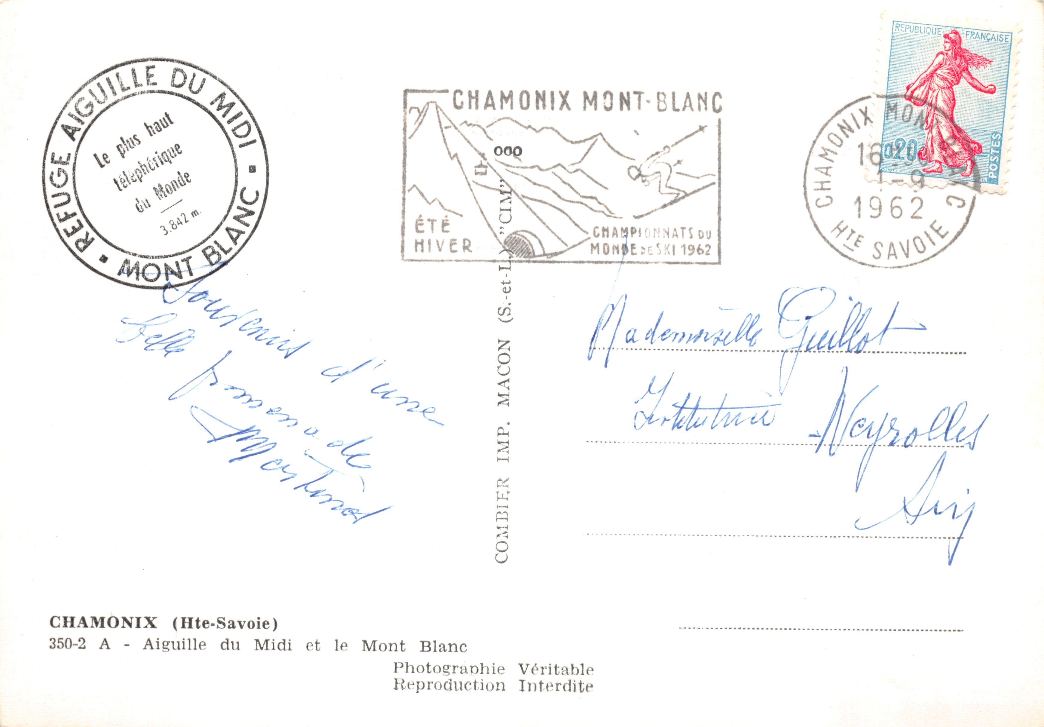 Aiguille du Midi — vue panoramique enneigée — Combier Imp. Macon — Rückseite