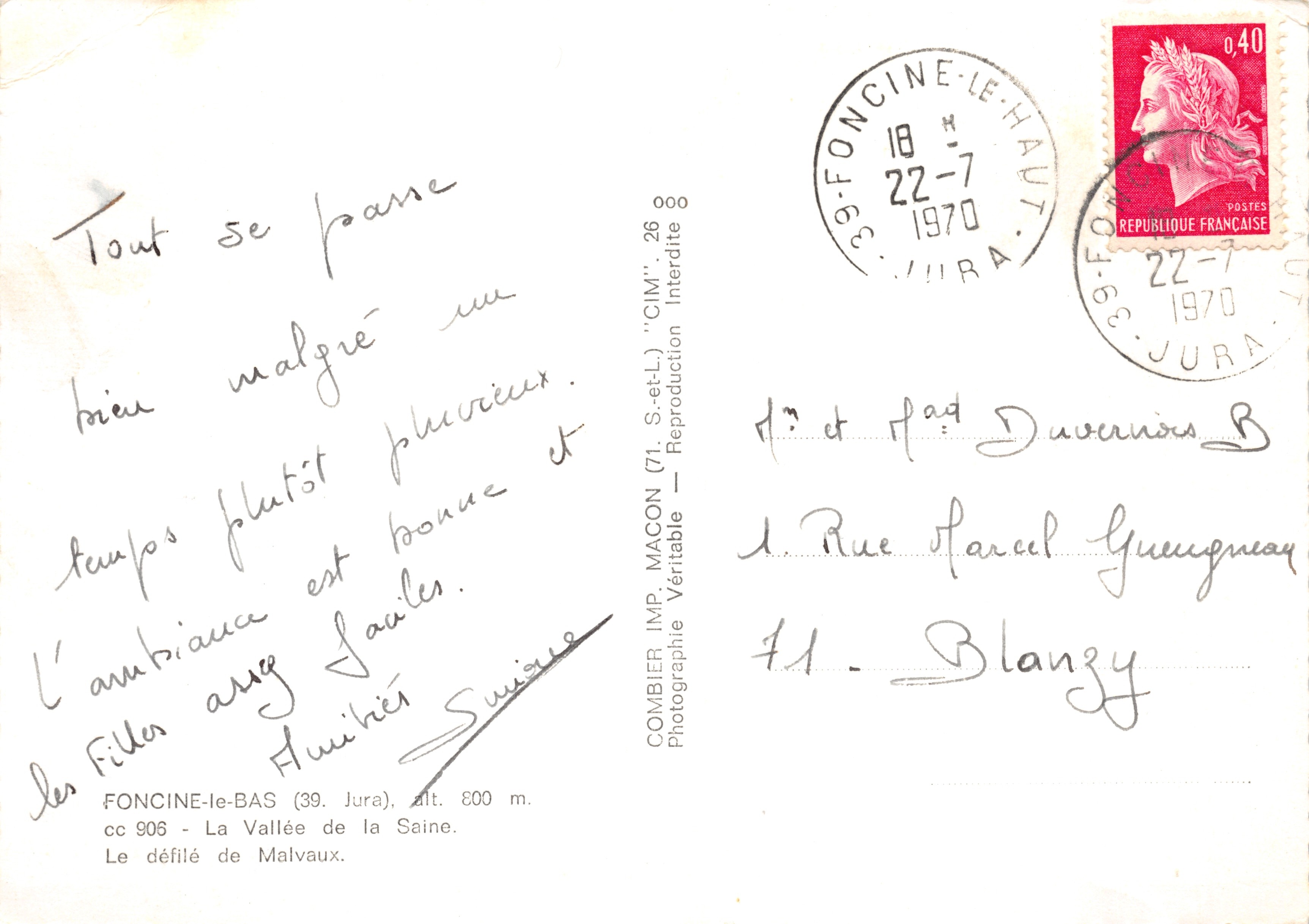 Le défilé de Malvaux — Vallée de la Saine — Combier Imp. Macon (71) "CIM" — Rückseite