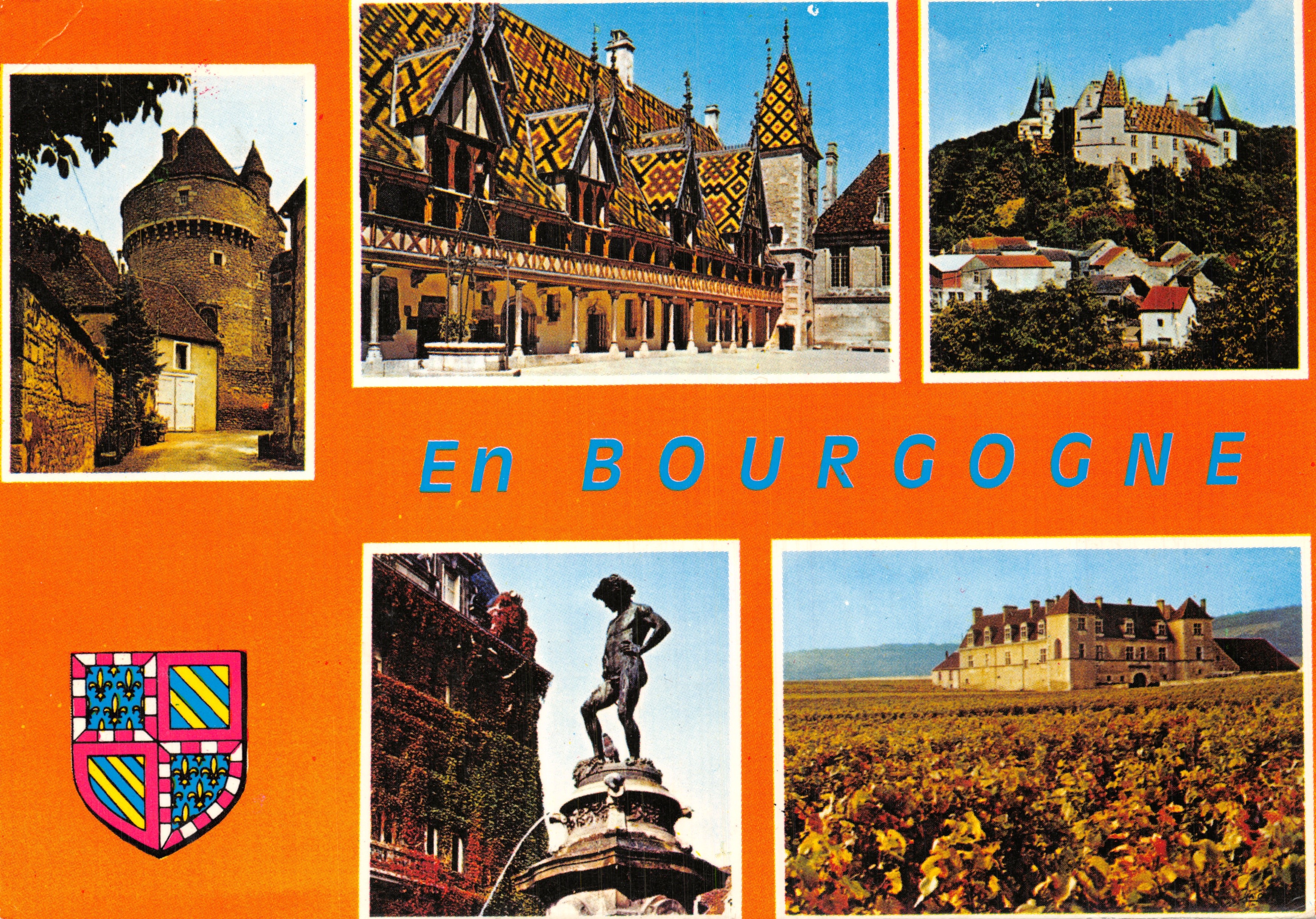 In Borgogna — vista di diversi siti (donjon, municipio, castello, statua, vigneti) — Edizioni 'La Cigogne' n. 21.000.19