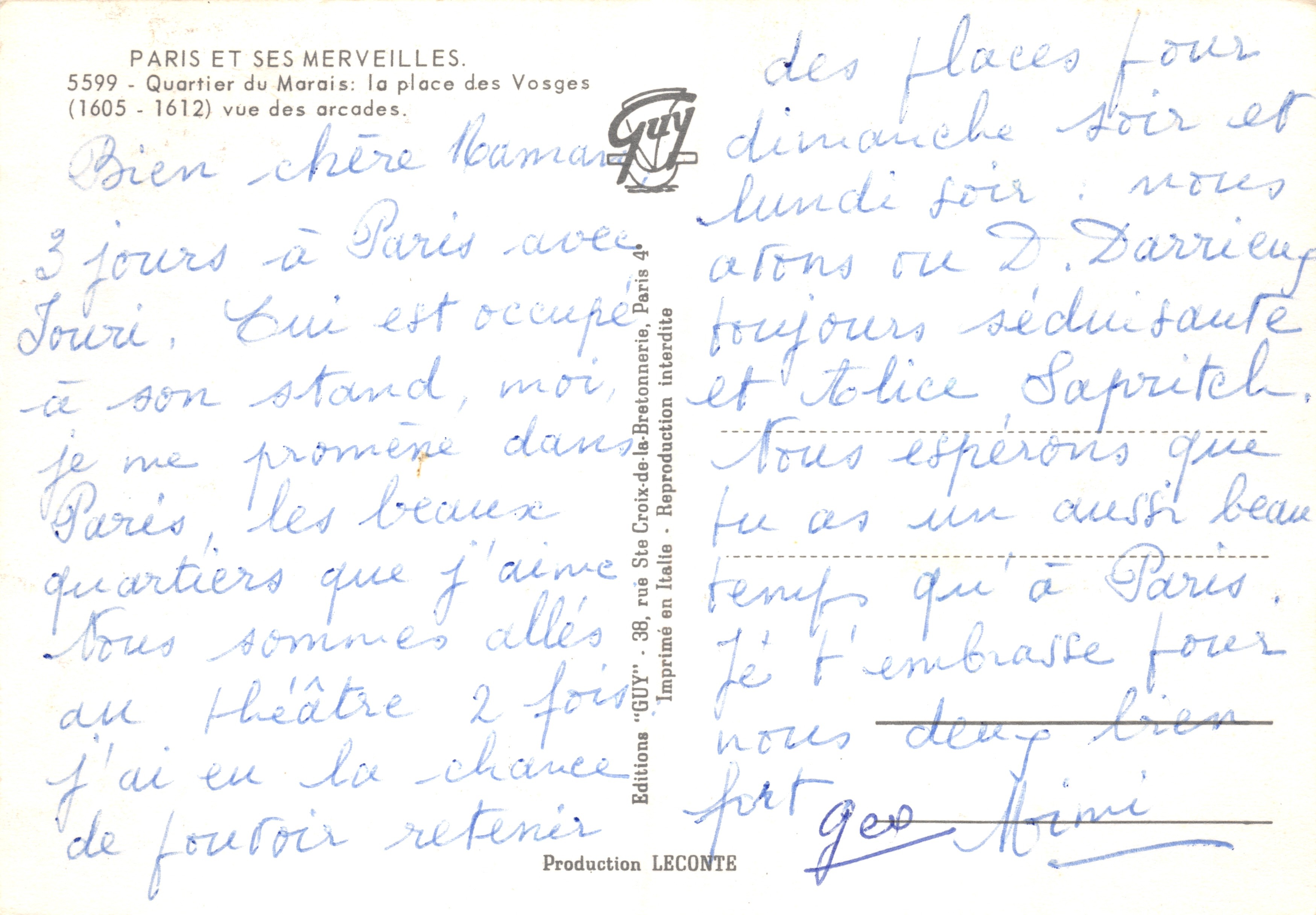 Place des Vosges — vue des arcades — Éditions GUY — Verso