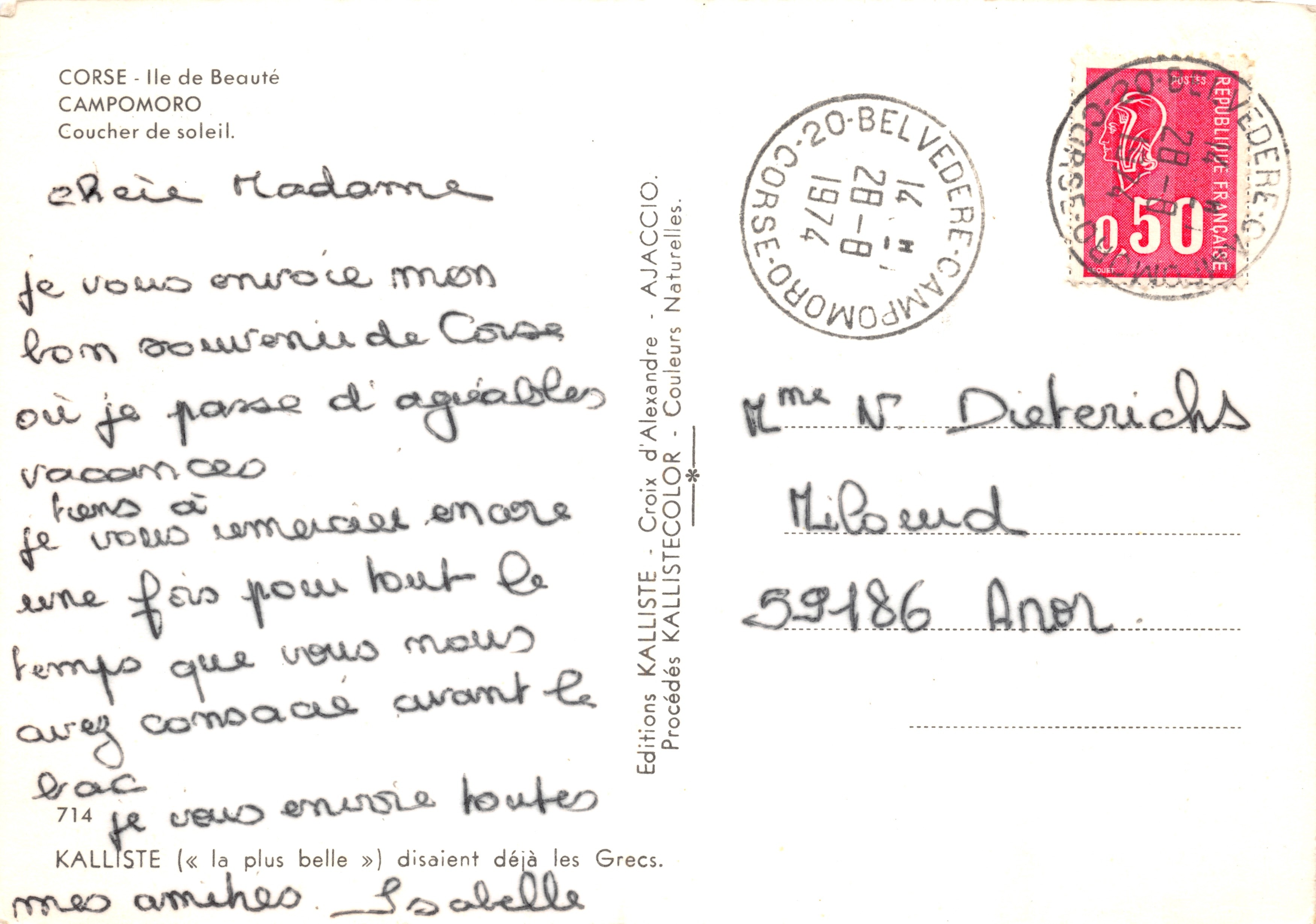 Sunset — view of Campomoro, Corsica — Editions KALLISTE, n°714 — Back