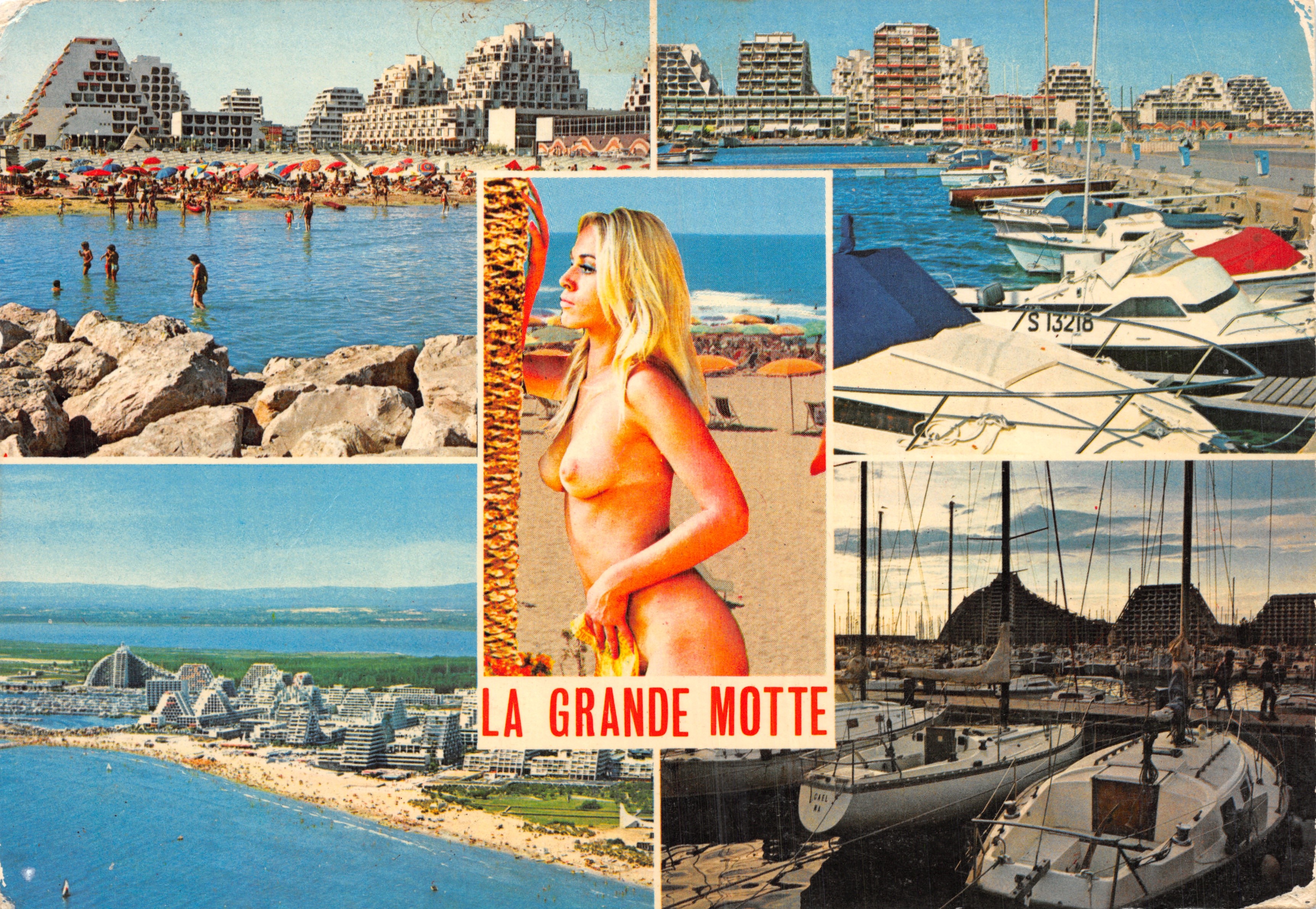 La Grande Motte — panoramisch uitzicht en haven met naakte vrouw — uitgever PROCÉDÉ 81