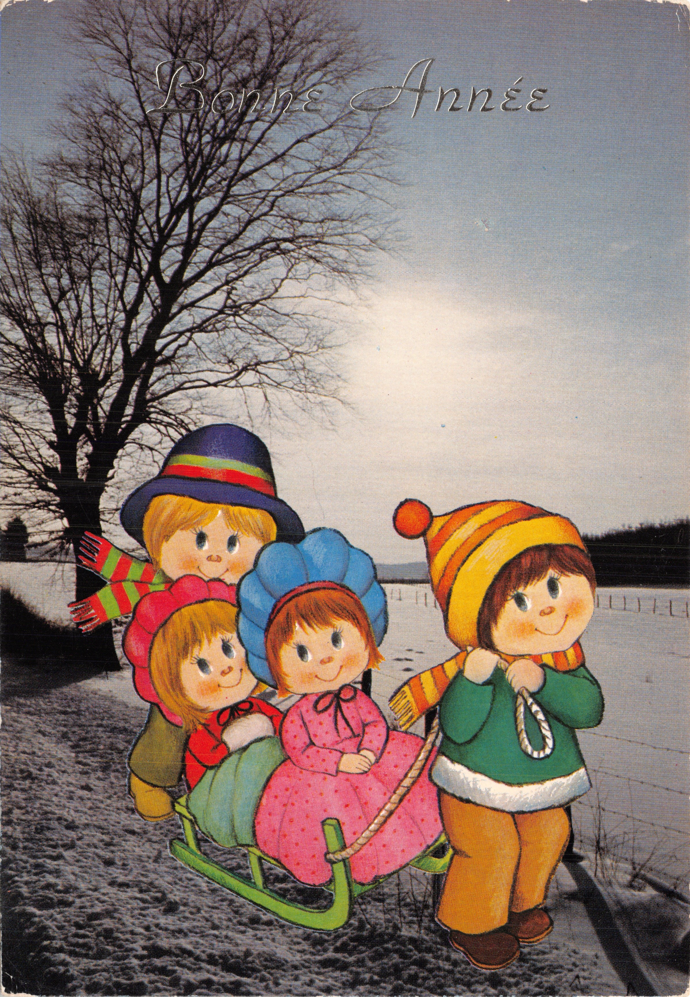 Kinderen op een slee — Winterlandschap — Éditions Corna, Brussel