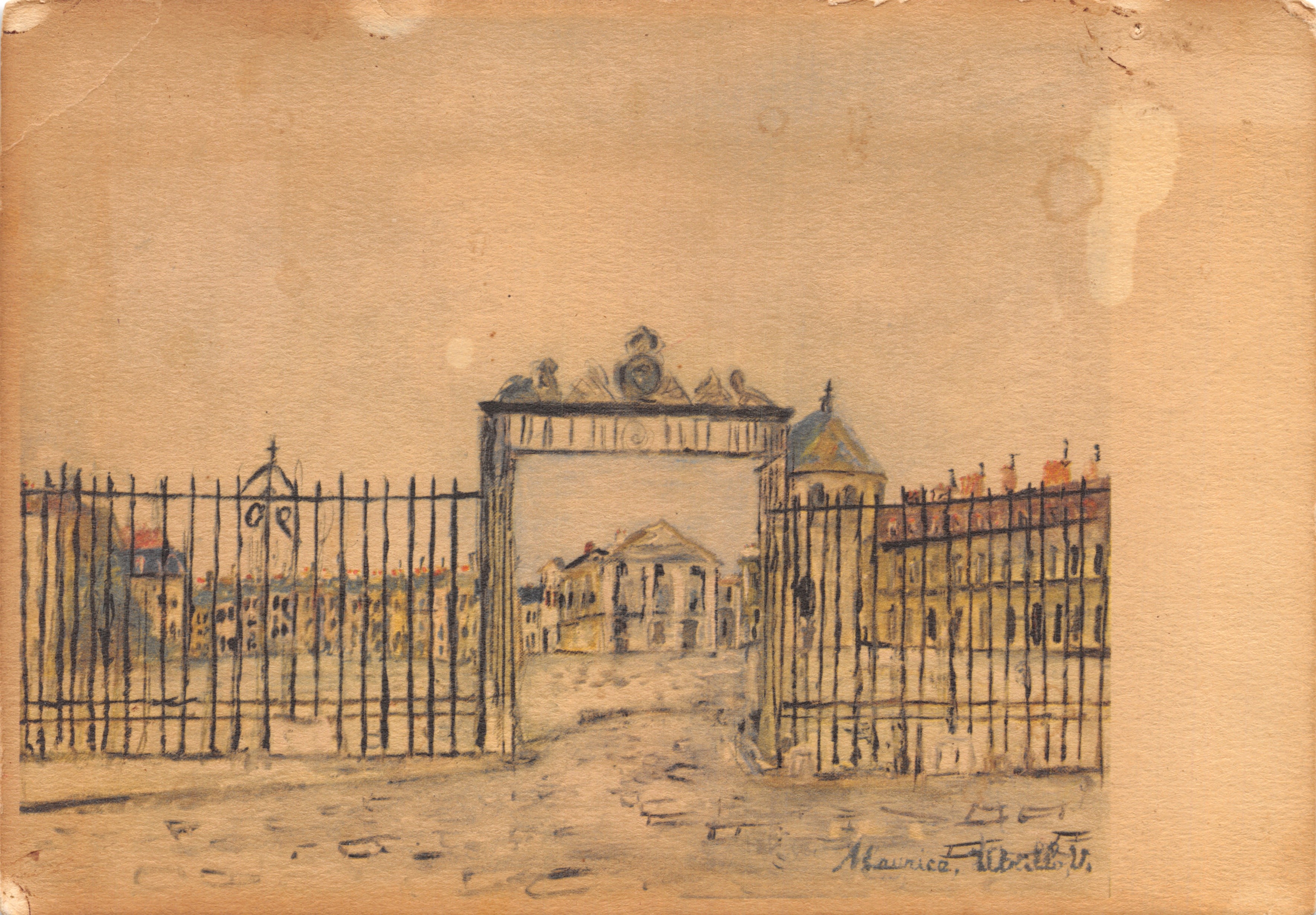 Château de Versailles — vue du portail principal — reproduit d'un tableau de Maurice Utrillo, éditeur Comité national pour la sauvegarde du Château de Versailles